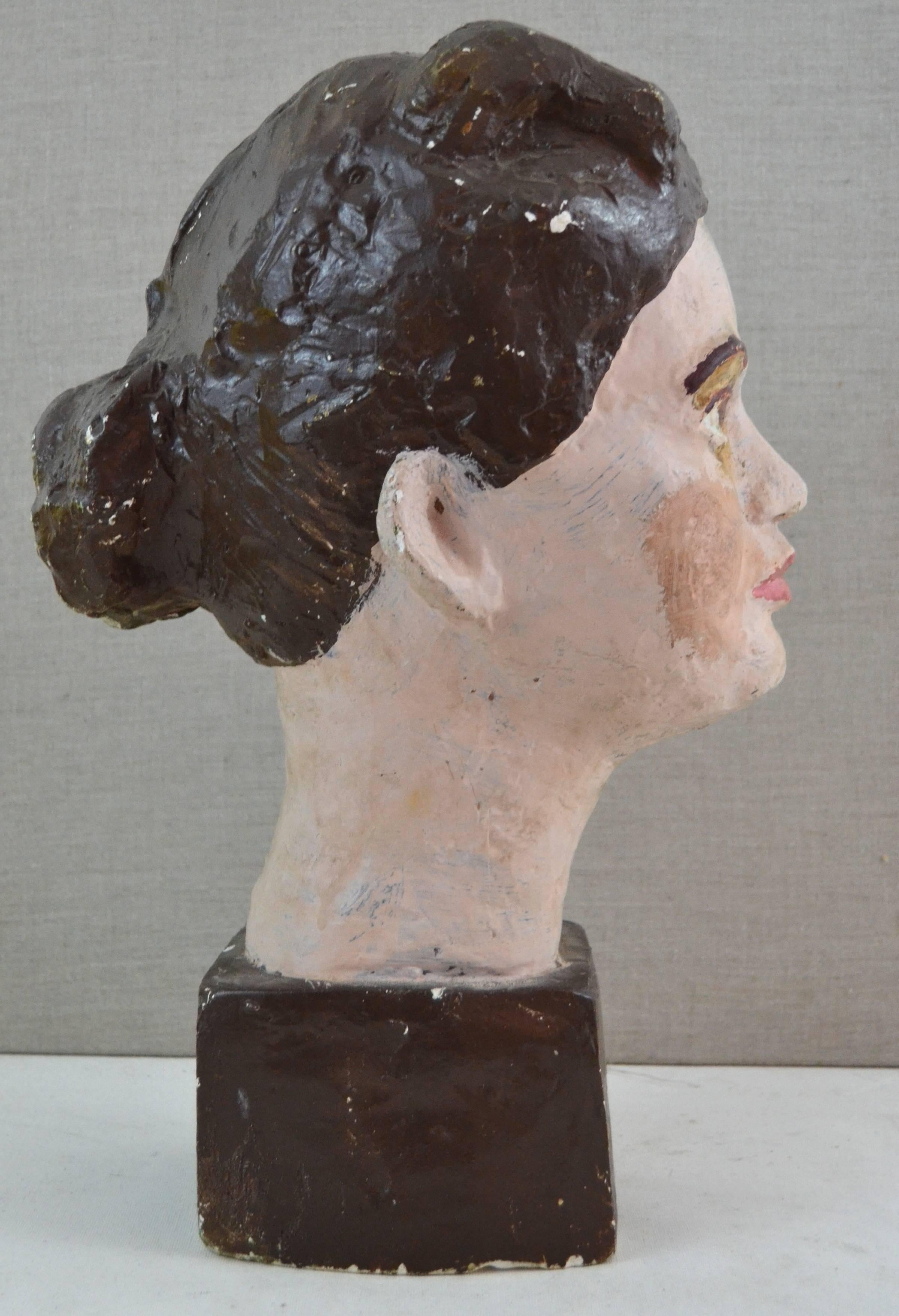 1920s Painted Plaster Sculptural Bust In Fair Condition For Sale In North Egremont, MA