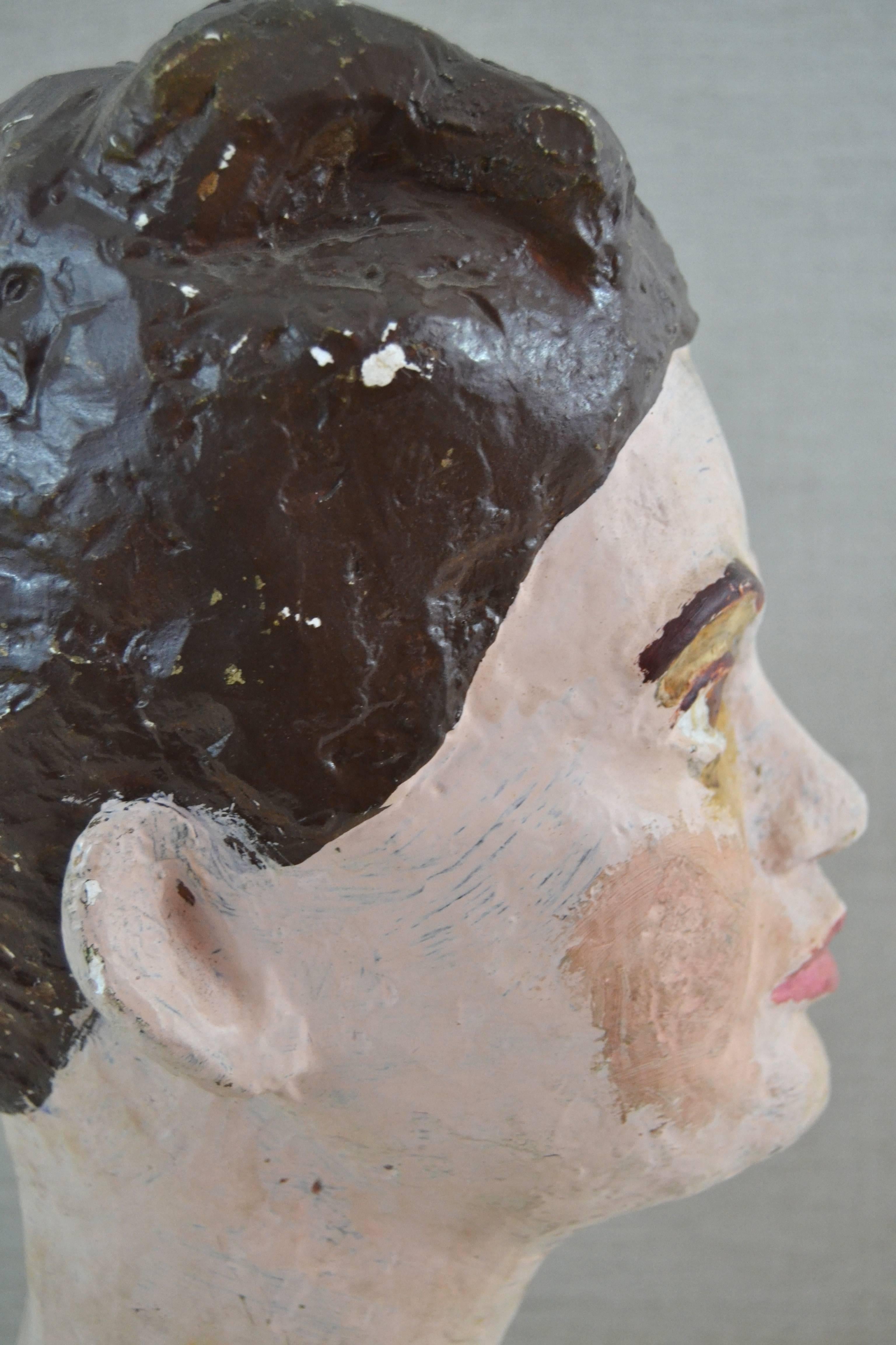 1920s Painted Plaster Sculptural Bust For Sale 2