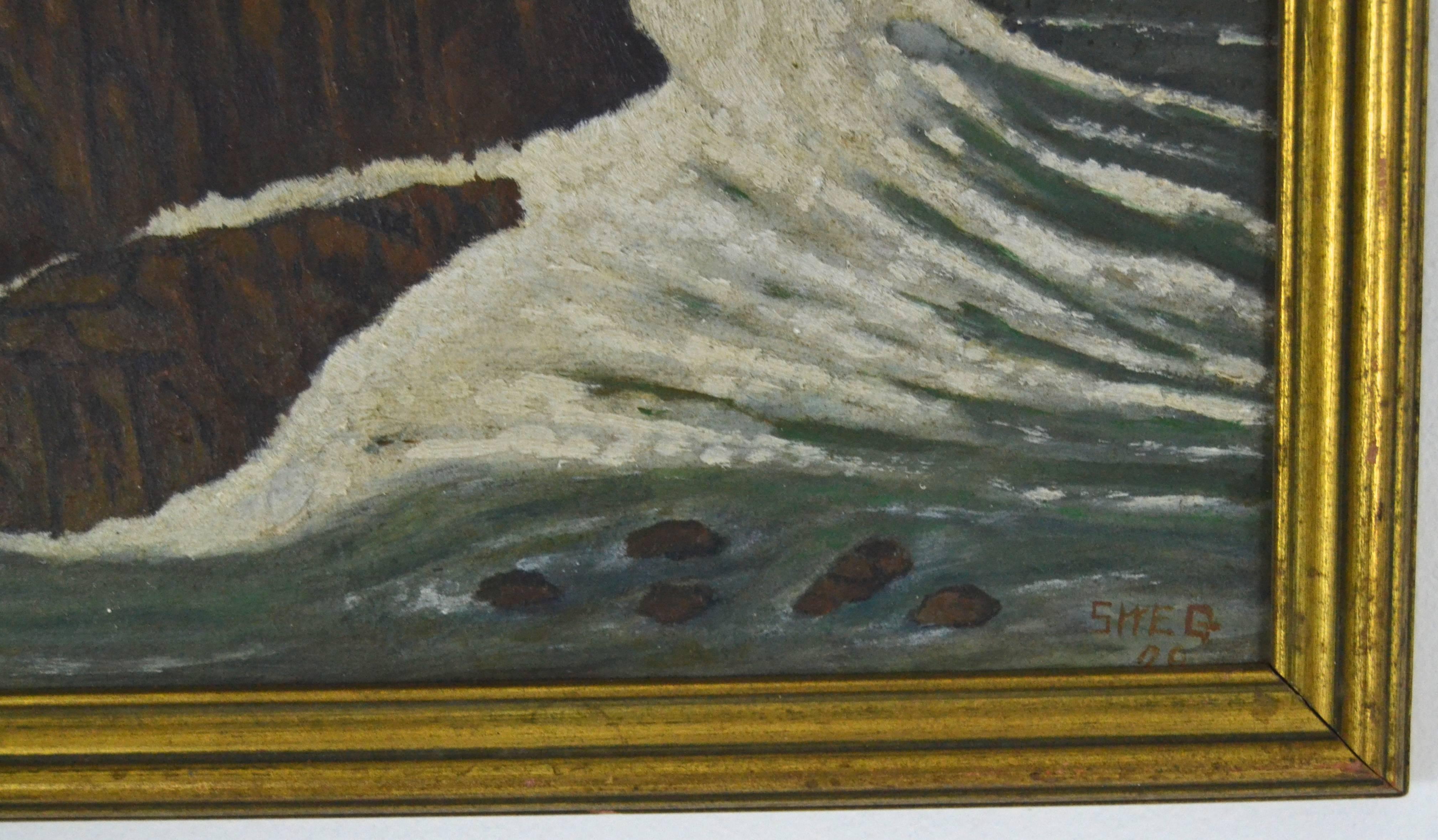 A folky abstracted coastal scene with a gigantic wave threatening a lighthouse. Signed by an unidentified artist and dated 1928.  Oil on artist board with a pencil inscription indicating a Newark NJ connection.