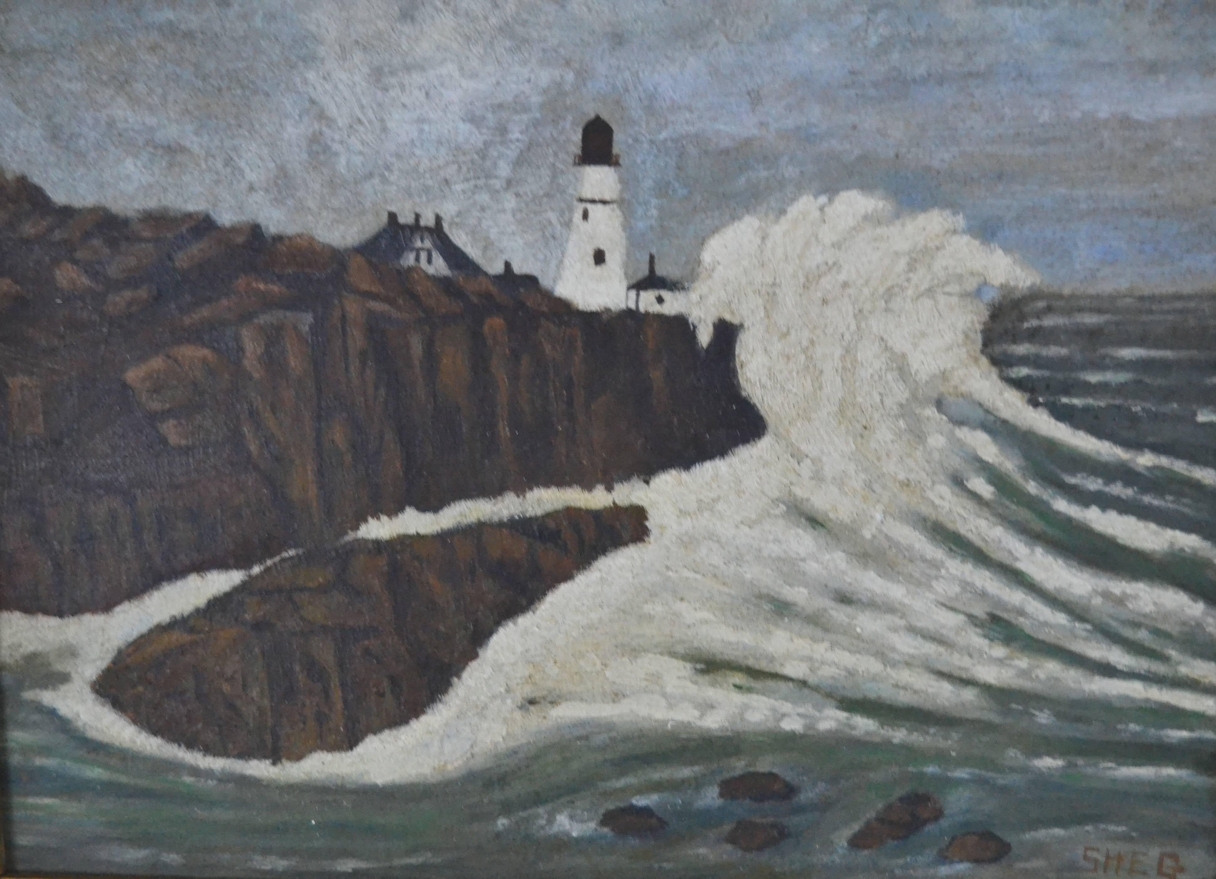 Folk Art Stormy Seascape Oil on Board For Sale
