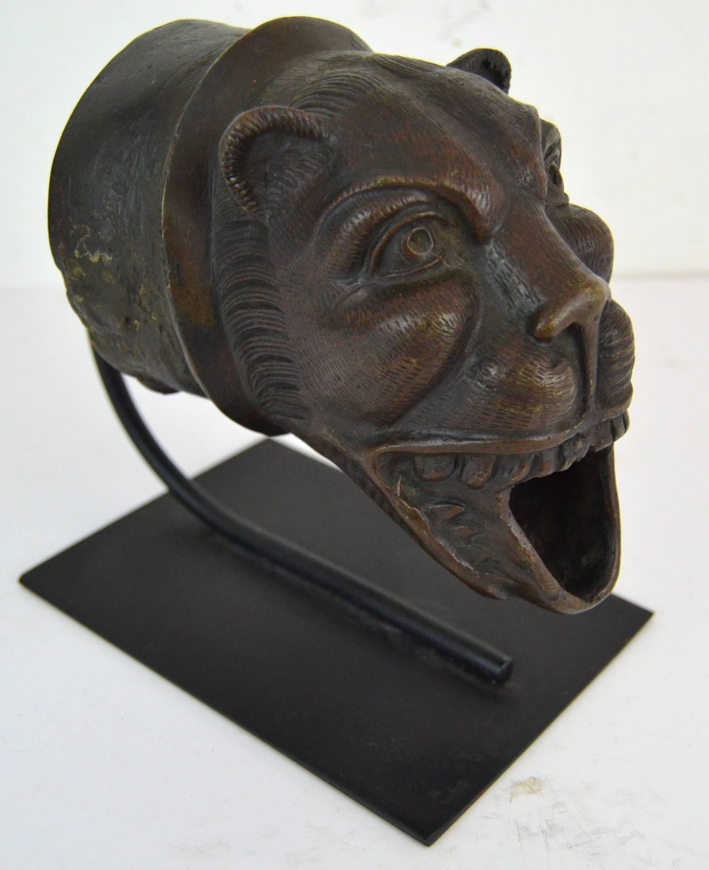 Cast bronze lion open mouth downspout with nice dark brown patina and chased decoration. Presumably Italian but exact origin unknown. provenance: an old Philadelphia antiquities gallery, mounted
