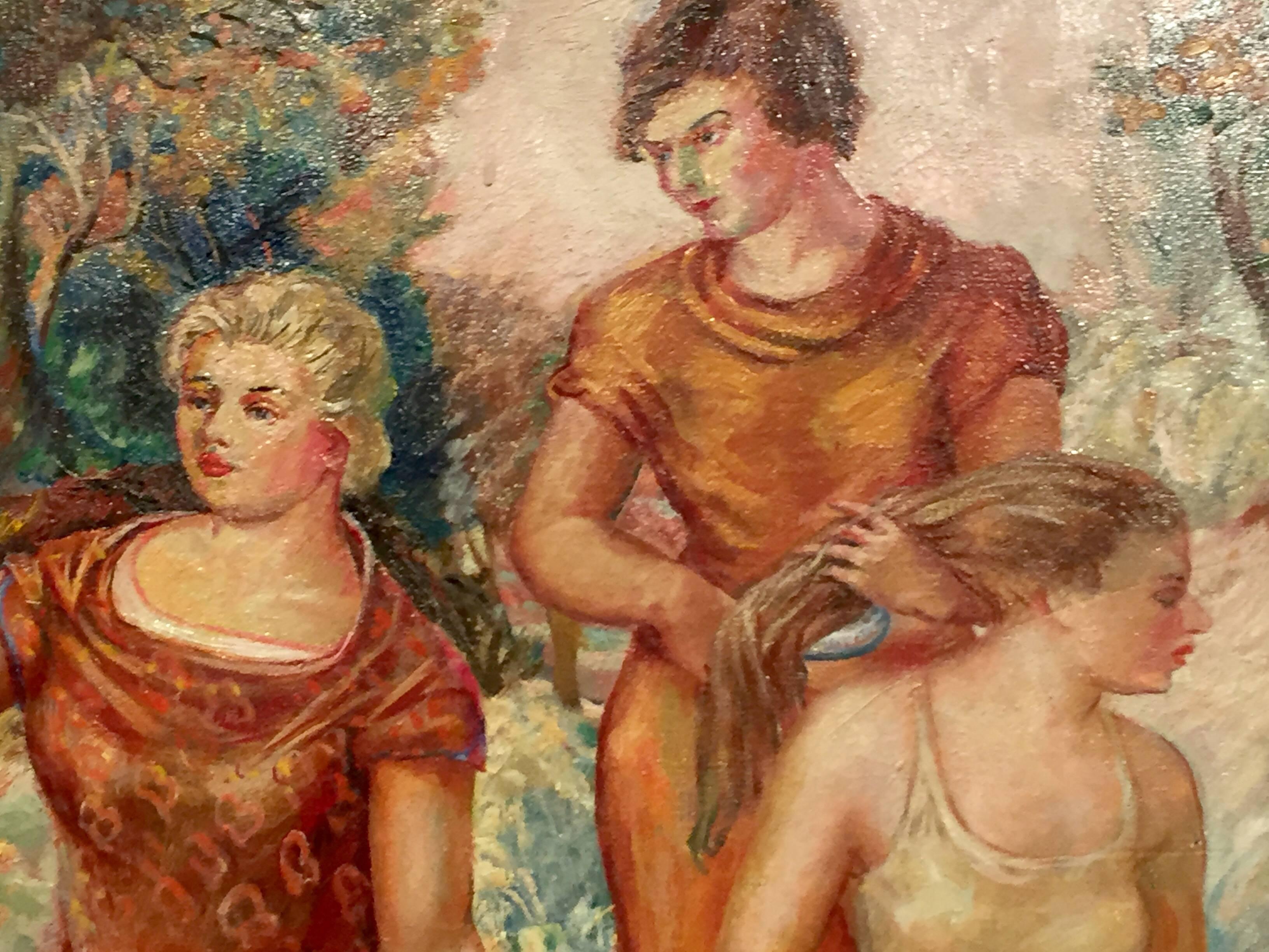 Oil on canvas of three woman in a landscape by the Mid-Western painter Glenn Ranney (1896-1959). Ranney trained in New York at the Art Students League and then returned to Minnesota to paint including a stint working for the Works Progress