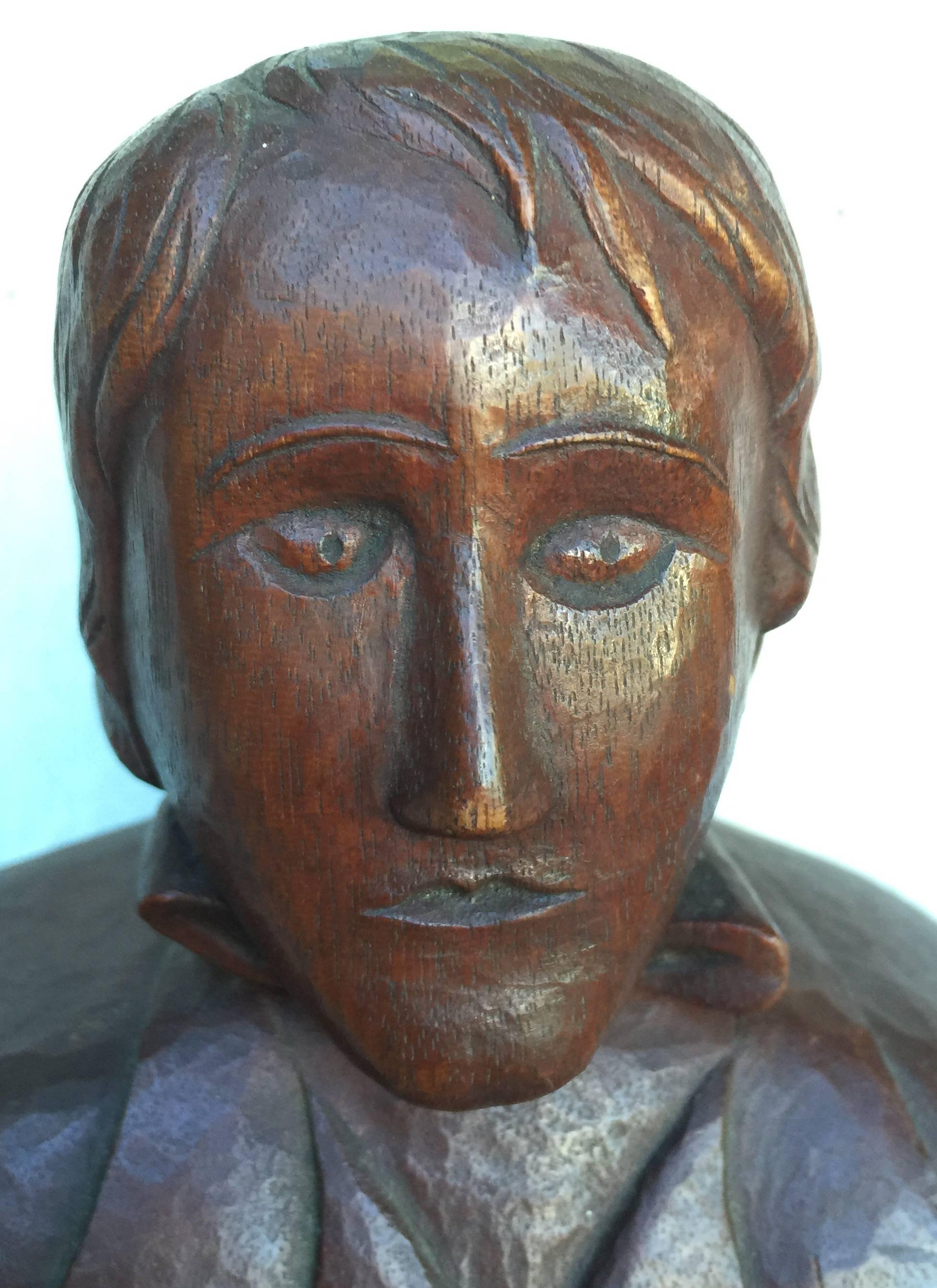 19th Century Carved Folk Art Bust of a Young Man For Sale
