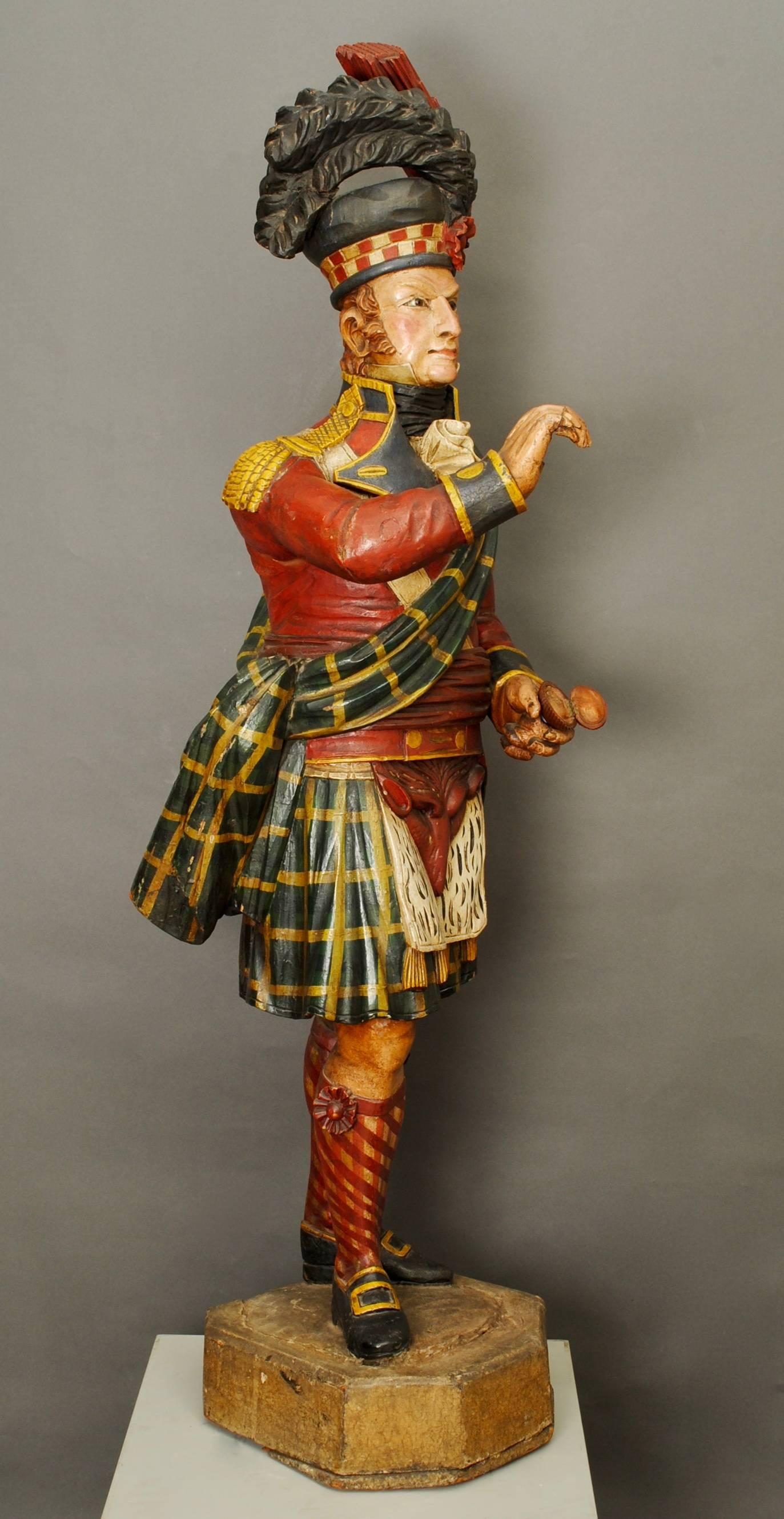 Early Victorian Superb Carved Wooden and Polychromed Tobacconists Figure of a Highlander
