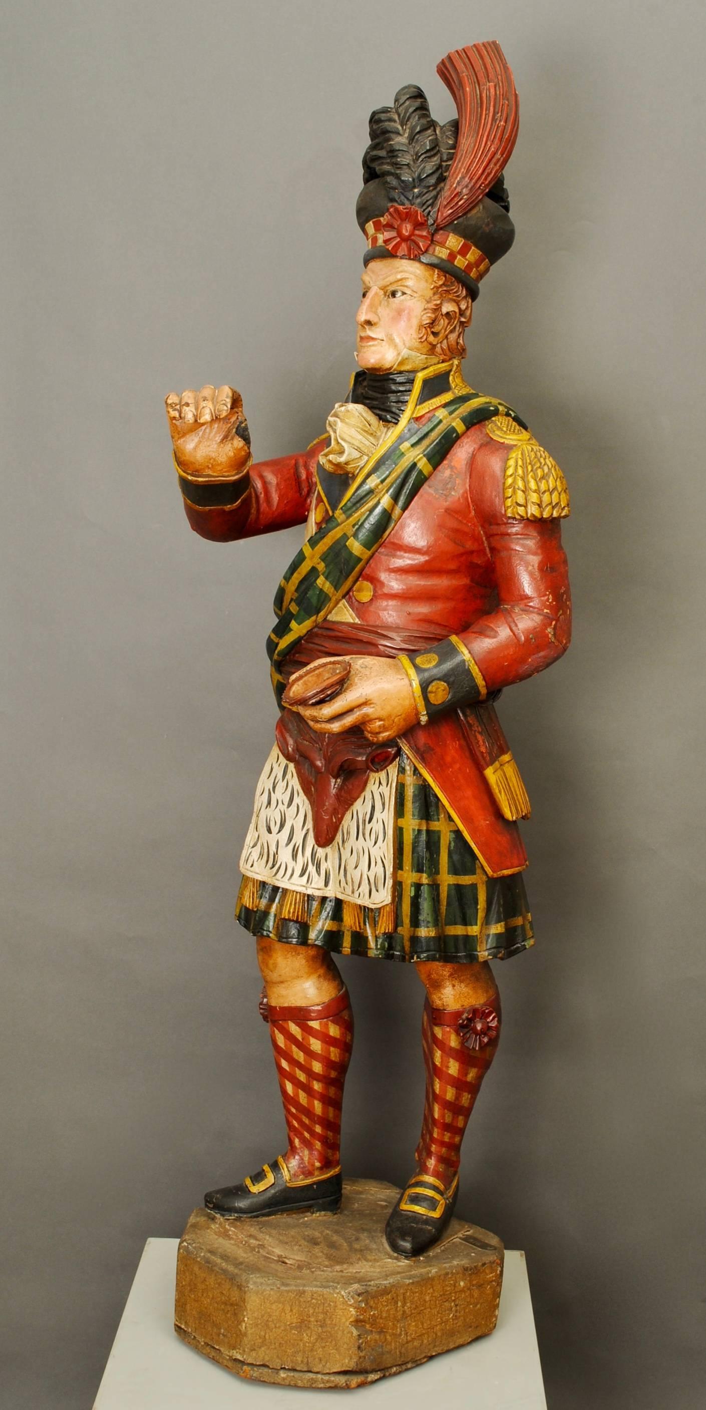 European Superb Carved Wooden and Polychromed Tobacconists Figure of a Highlander