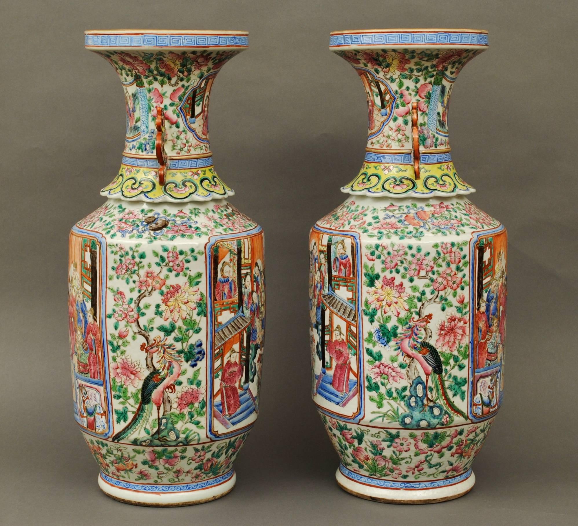 A fine large pair of 19th century Canonese baluster vases with trumpet necks, in famille rose decoration.