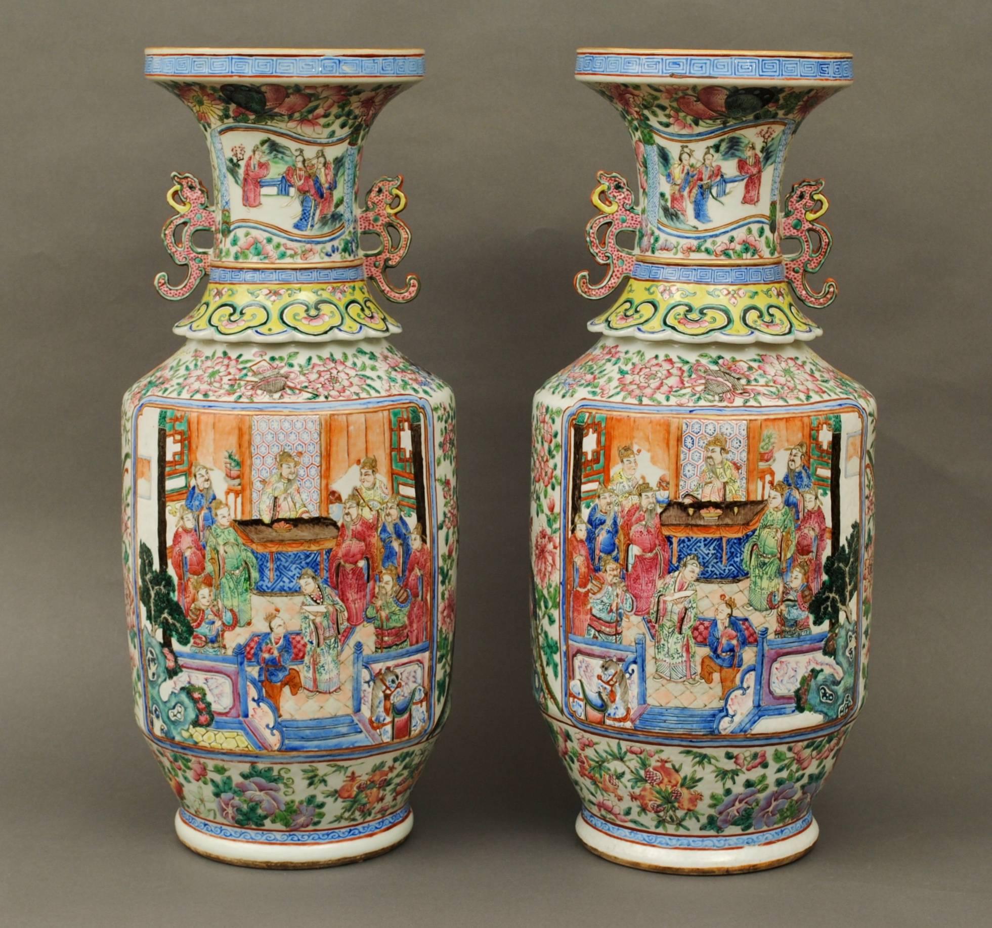 Chinese Large Pair of Famille Rose Baluster Vases