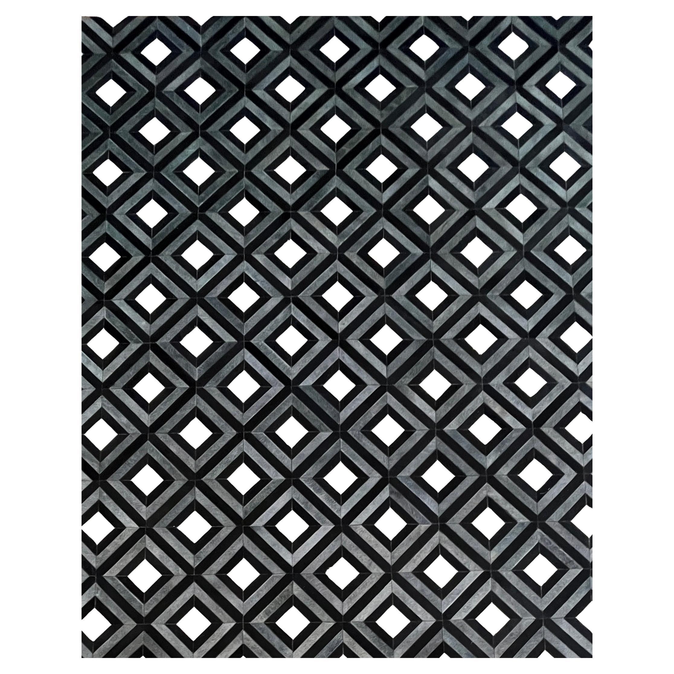 Moderne Tapis patchwork en cuir de luxe, 8 x 10 pieds, noir gris blanc en vente