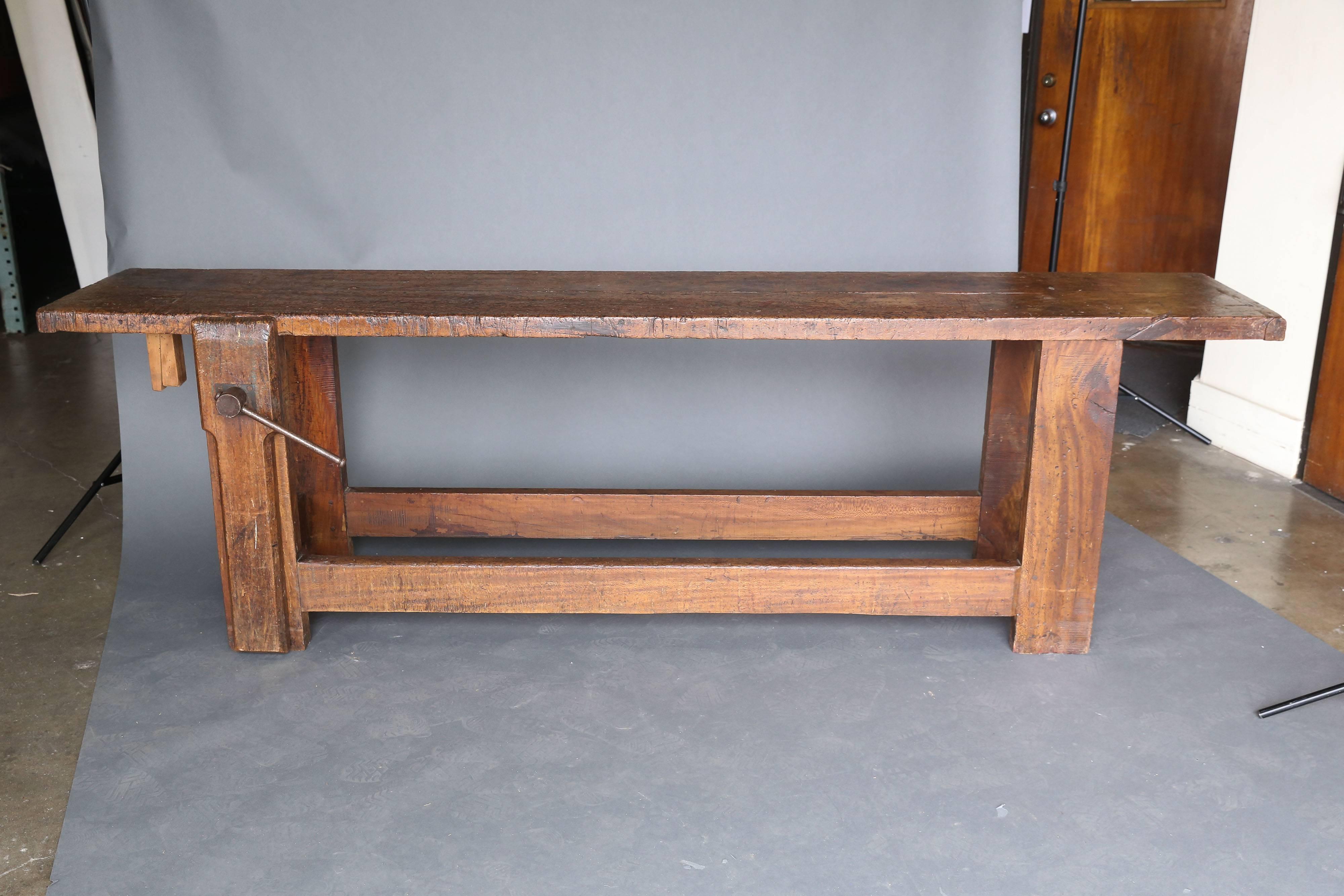 19th century beechwood Workbench from France with leg vise. Simple lines and beautiful weathered patina.