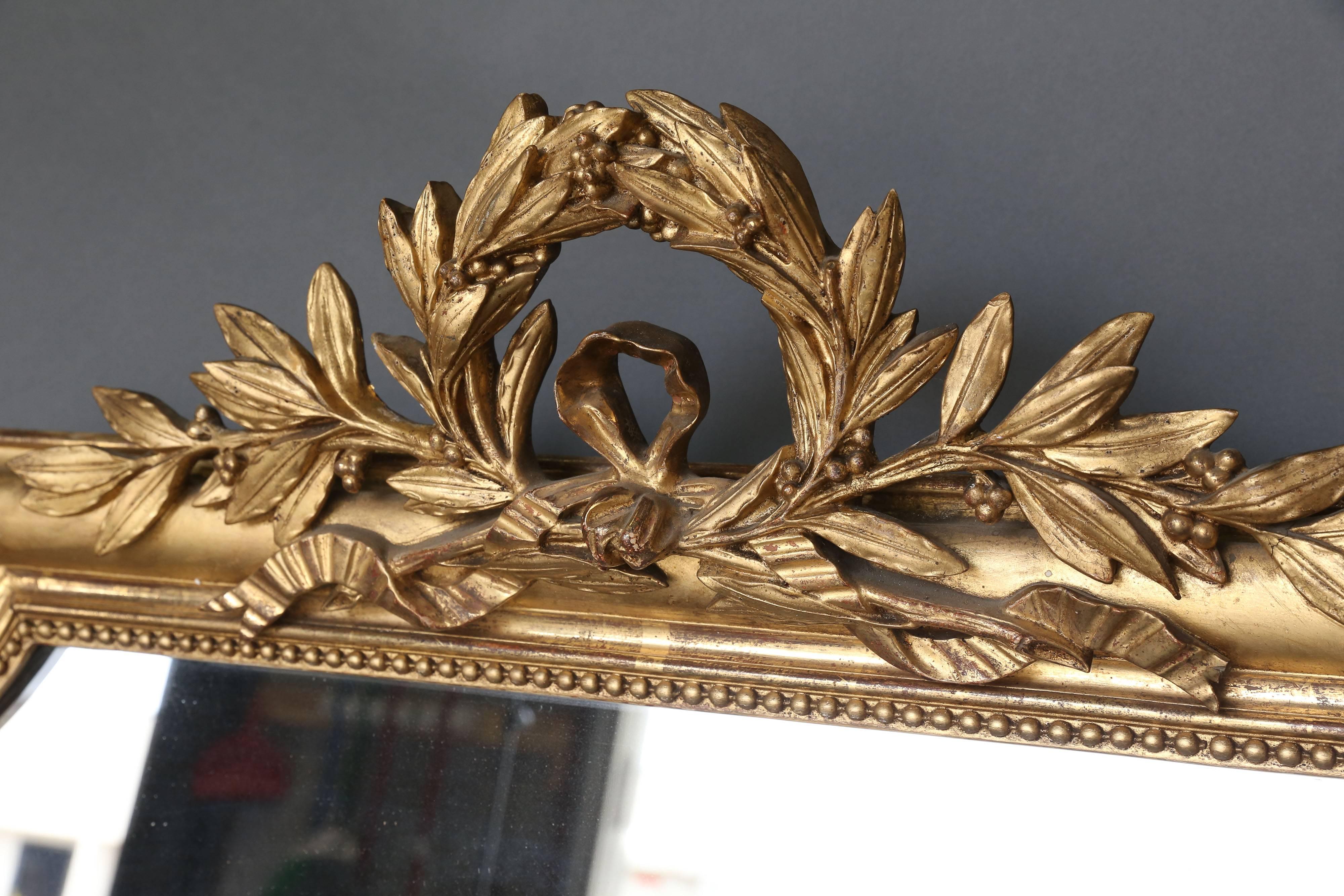Mercury Glass Large 19th Century Directoire Gilt Mirror with Crest