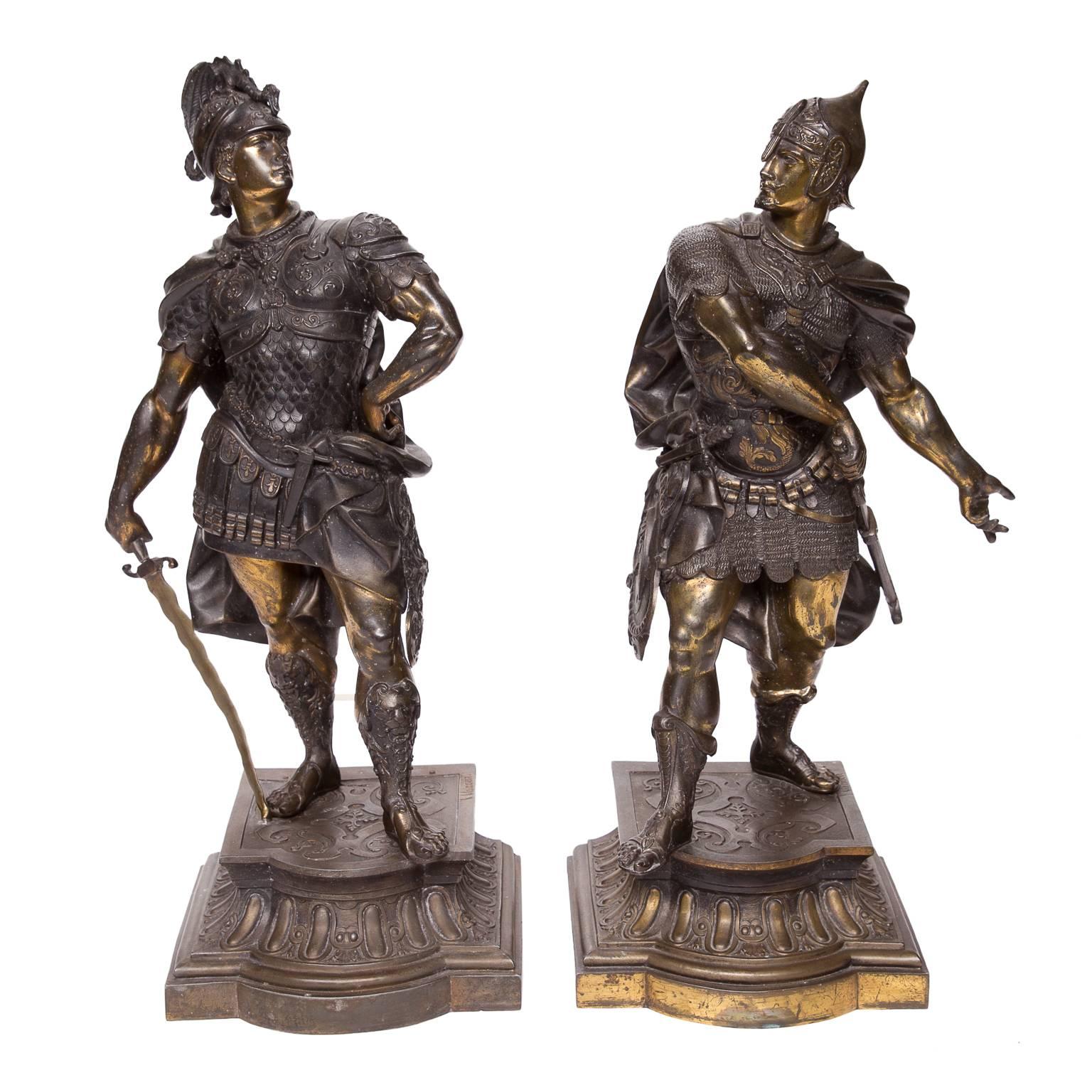 Pair of 19th Century Signed Warrior Figures in Spelter Metal