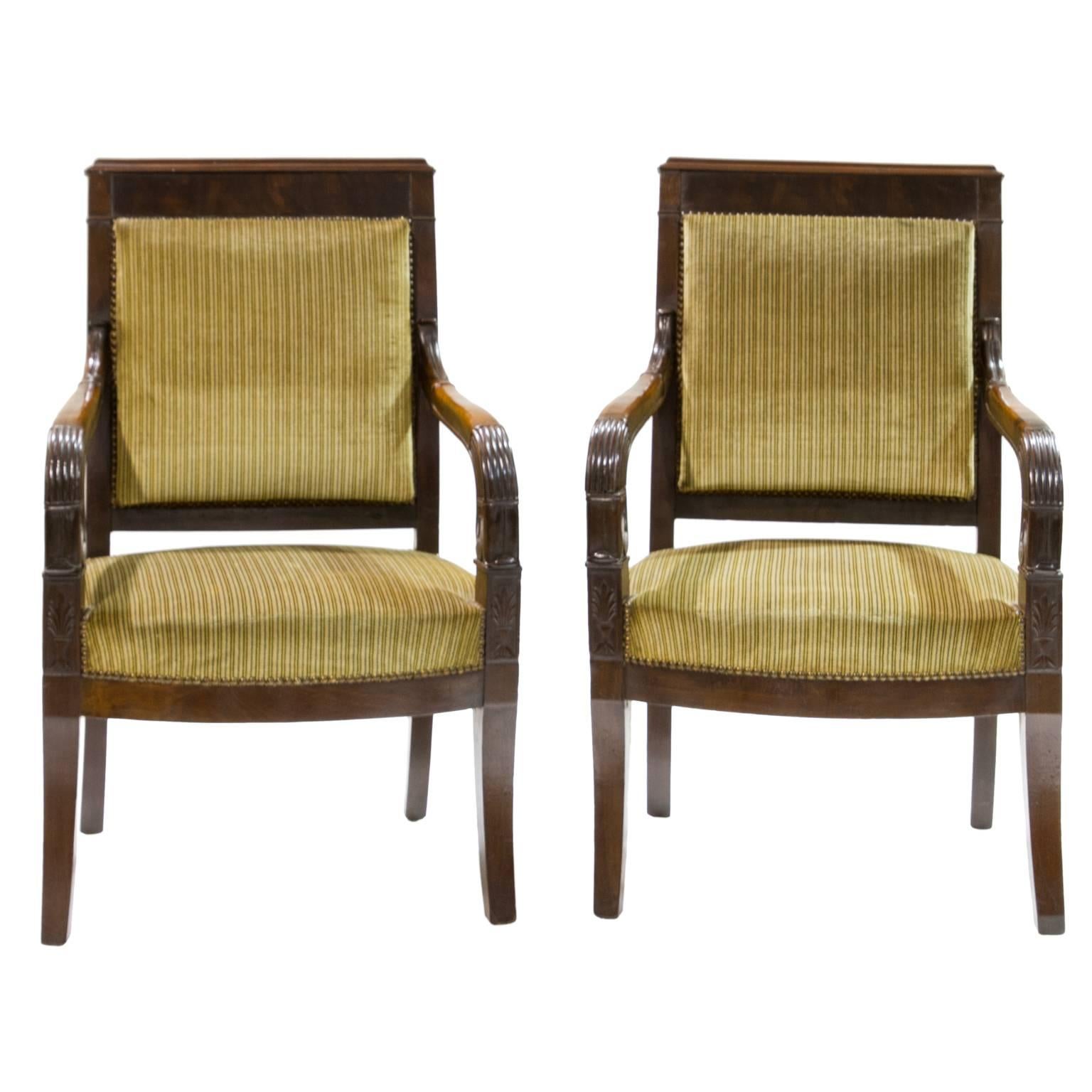 19th Century Pair of French Empire Mahogany Open Armchairs