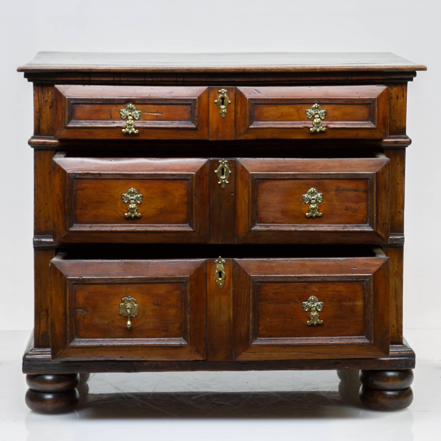 18th century yew wood chest of drawers. This chest has three drawers with raised panels and molding on each drawer. Nice brass pulls. Paneled sides. Worn top with beautiful color. Top is made of oak. Resting on a double burn foot. Nice brass pulls