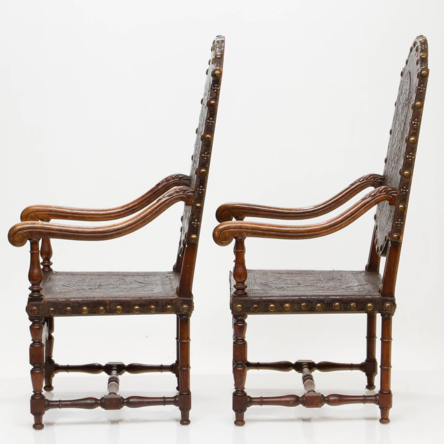 19th Century Heavy Embossed Leather and Walnut Armchairs 1