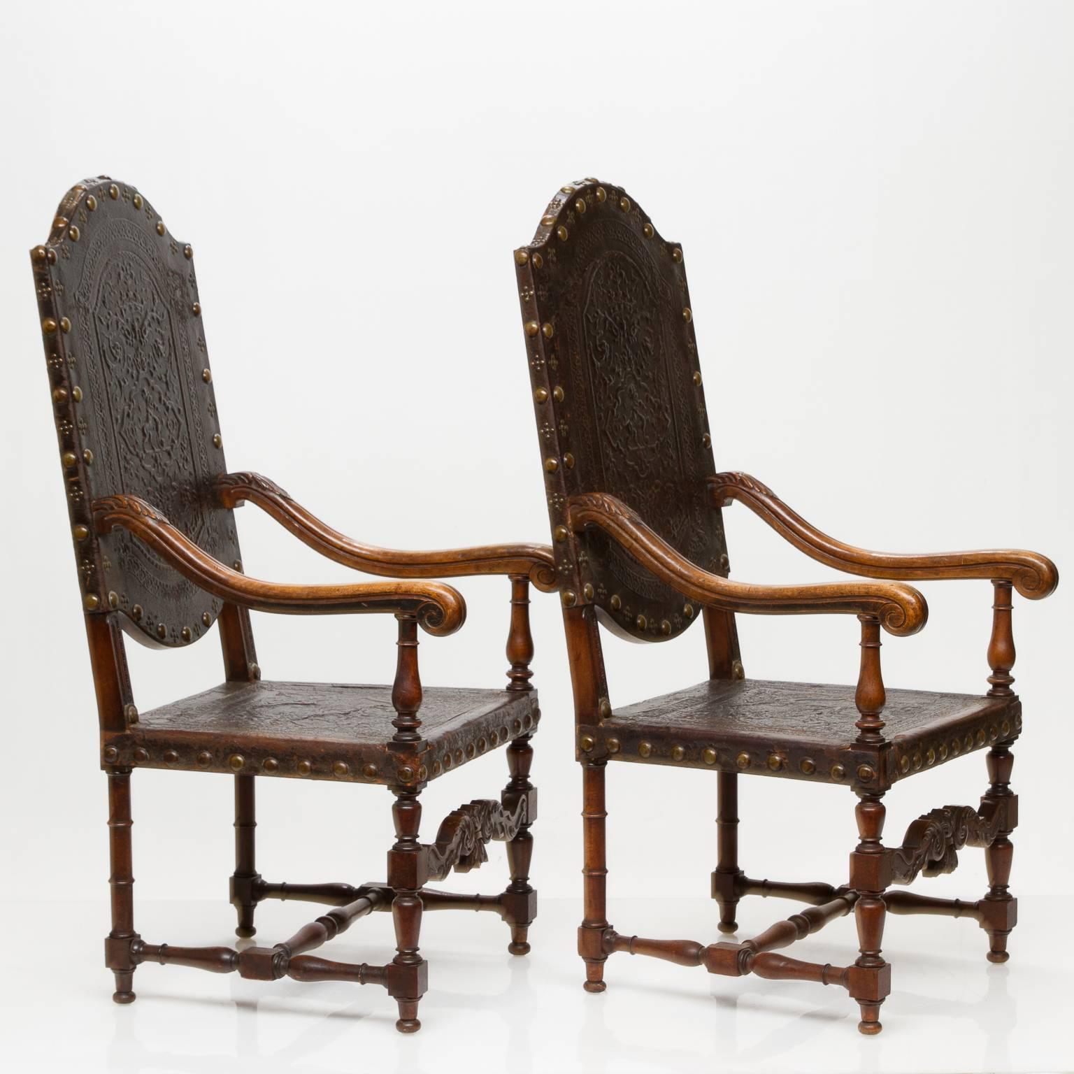 19th Century Heavy Embossed Leather and Walnut Armchairs 2