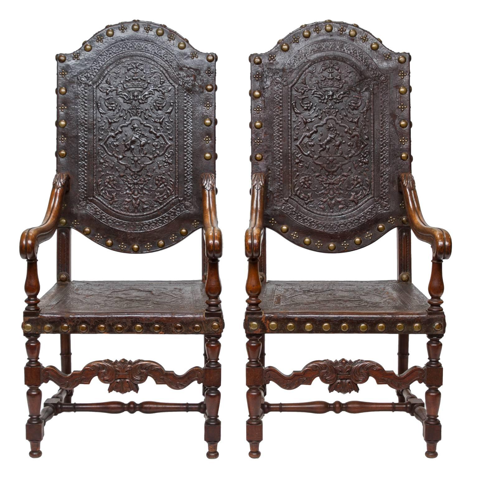 19th Century Heavy Embossed Leather and Walnut Armchairs