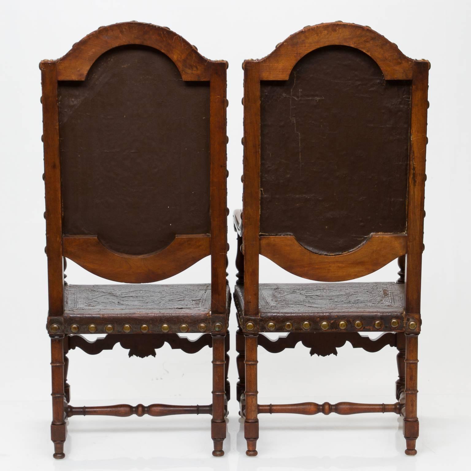 19th Century Heavy Embossed Leather and Walnut Armchairs 3