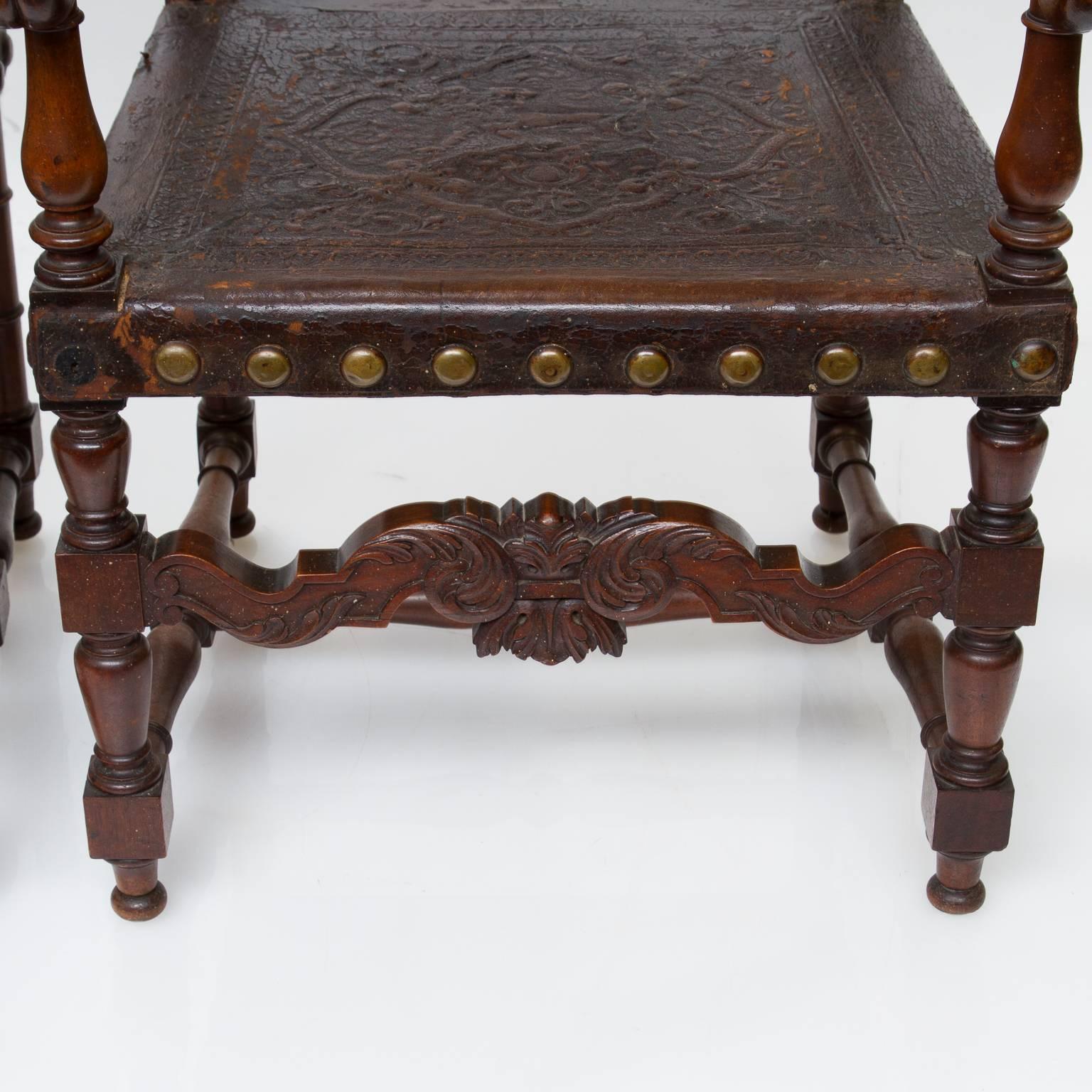 French 19th Century Heavy Embossed Leather and Walnut Armchairs