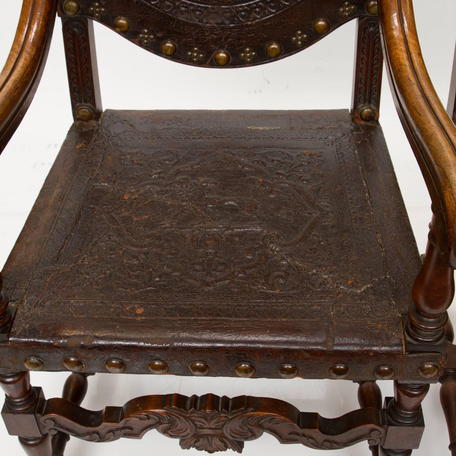 19th Century Heavy Embossed Leather and Walnut Armchairs In Good Condition In Hixson, TN