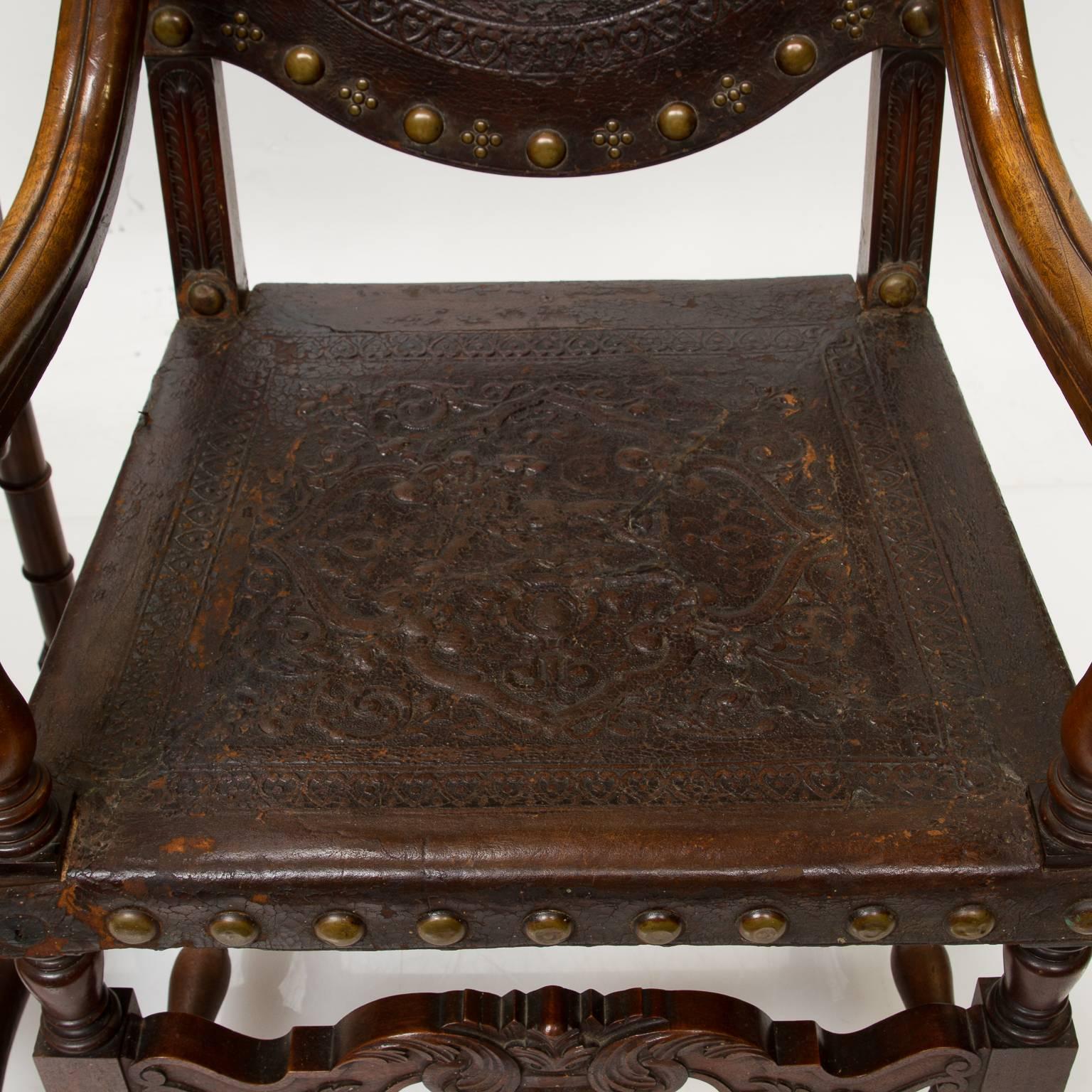 Late 19th Century 19th Century Heavy Embossed Leather and Walnut Armchairs