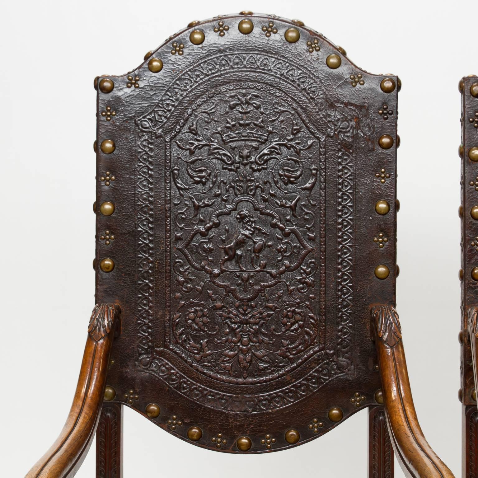 Louis XIV 19th Century Heavy Embossed Leather and Walnut Armchairs
