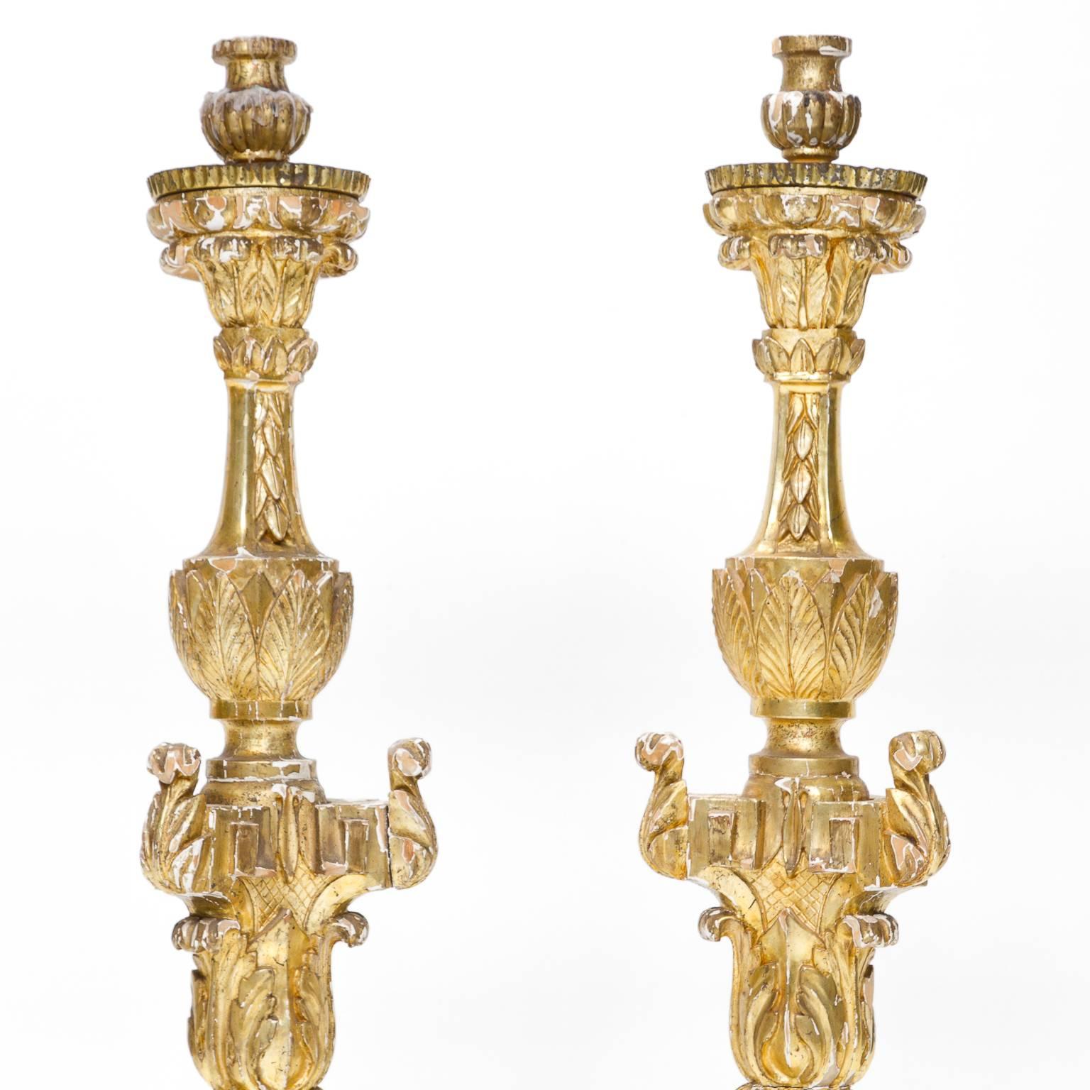 Early 19th century, French Altar candlesticks
A very nice pair of French Gold leaf with gesso candlesticks which were used in a church. Purchased in France.