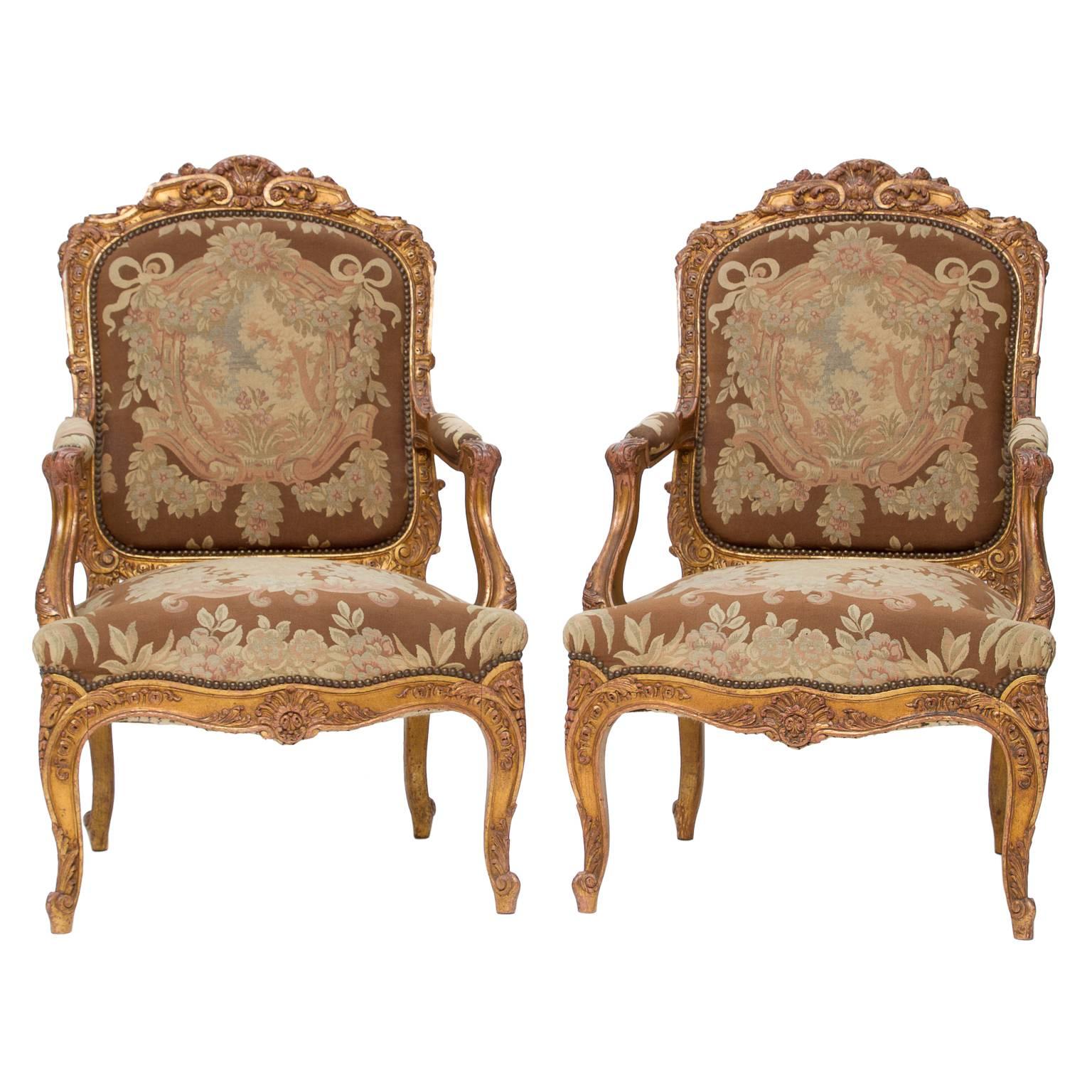 19th Century Louis XV Pair of Fauteuils