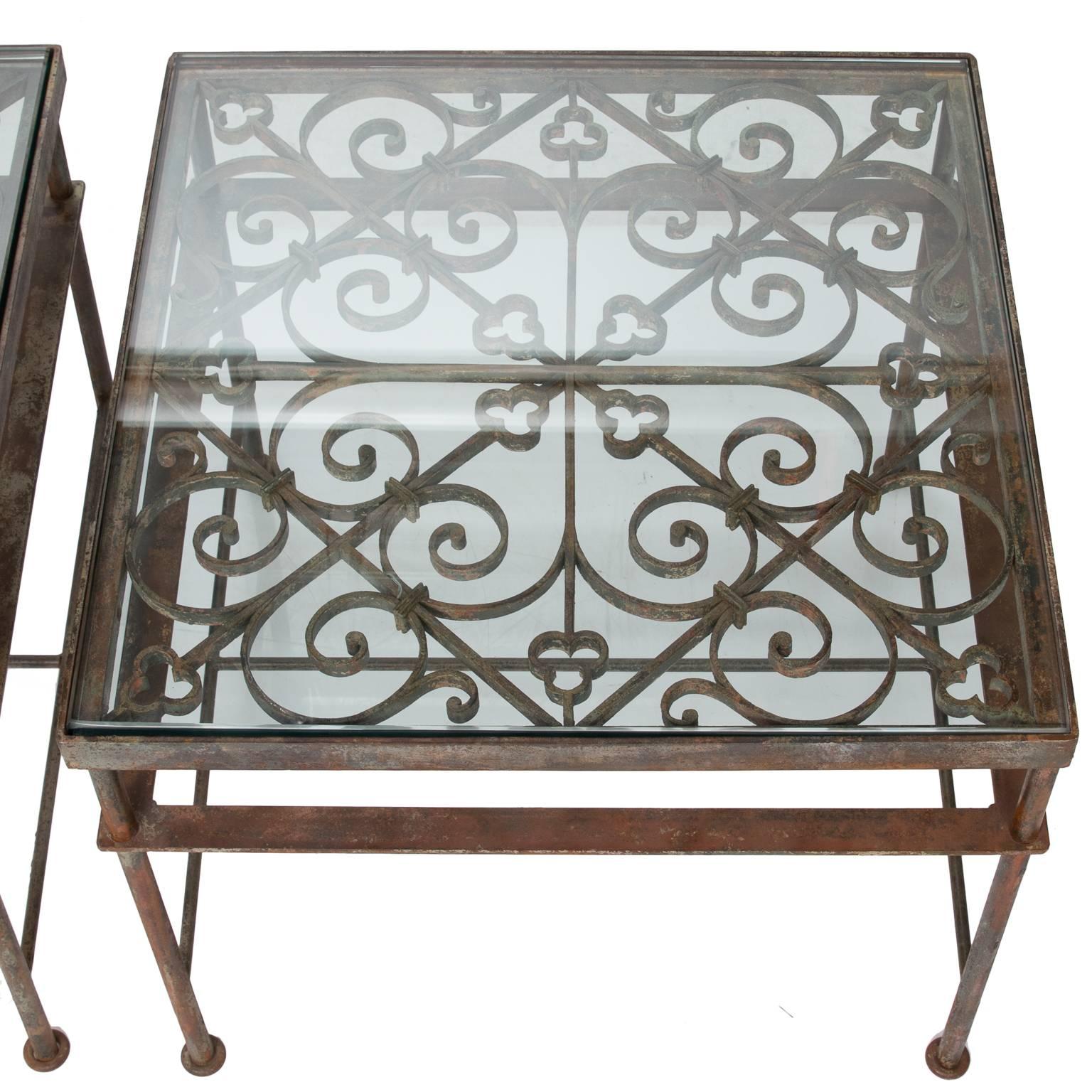 International Style Vintage Pair of Side Table from Iron Balcony Fronts