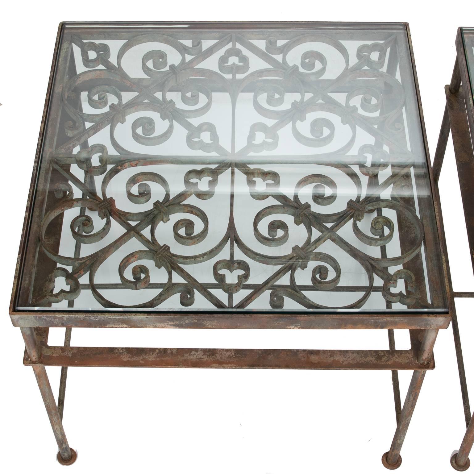 French Vintage Pair of Side Table from Iron Balcony Fronts