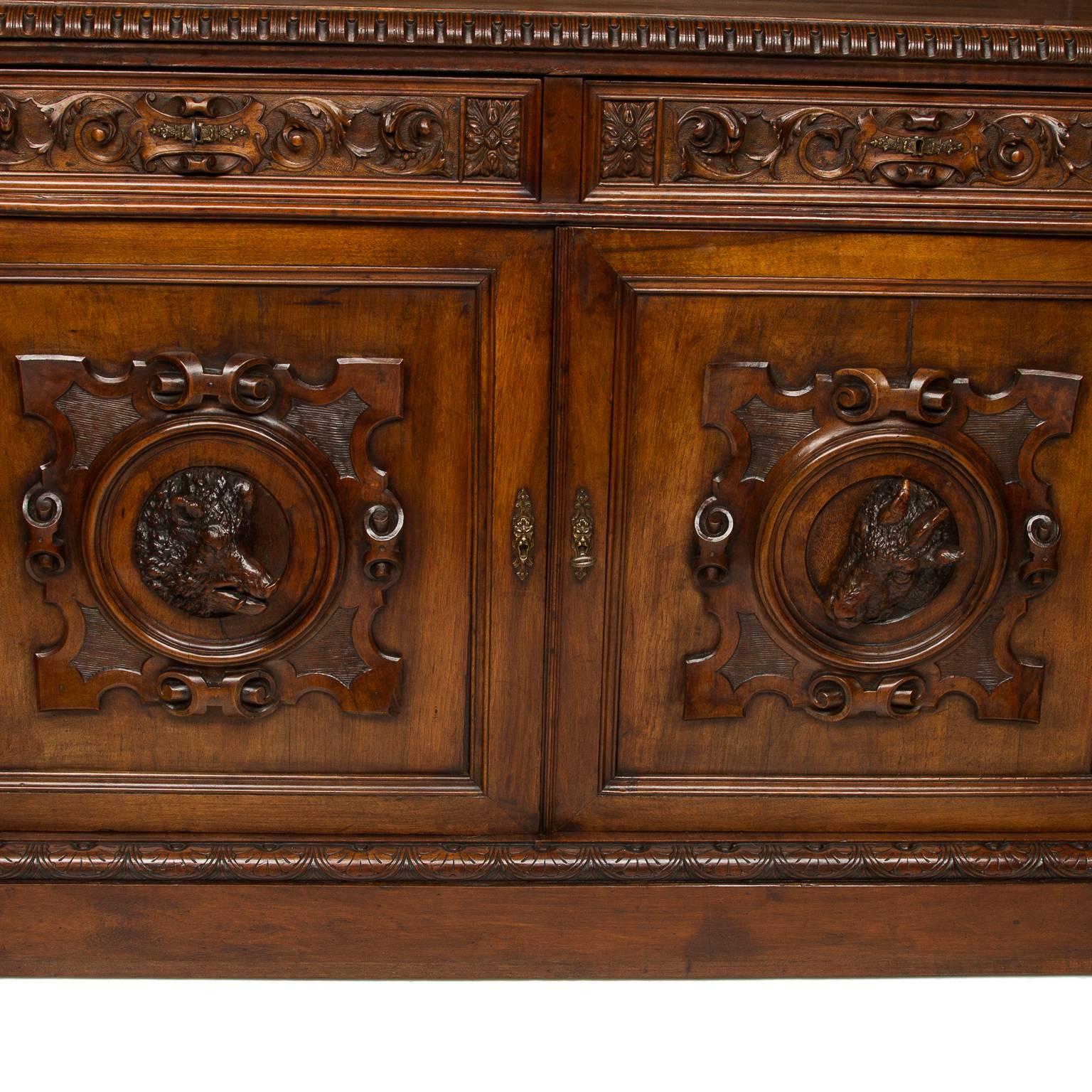 Carved Henri II Walnut Hunting Lodge Cabinet