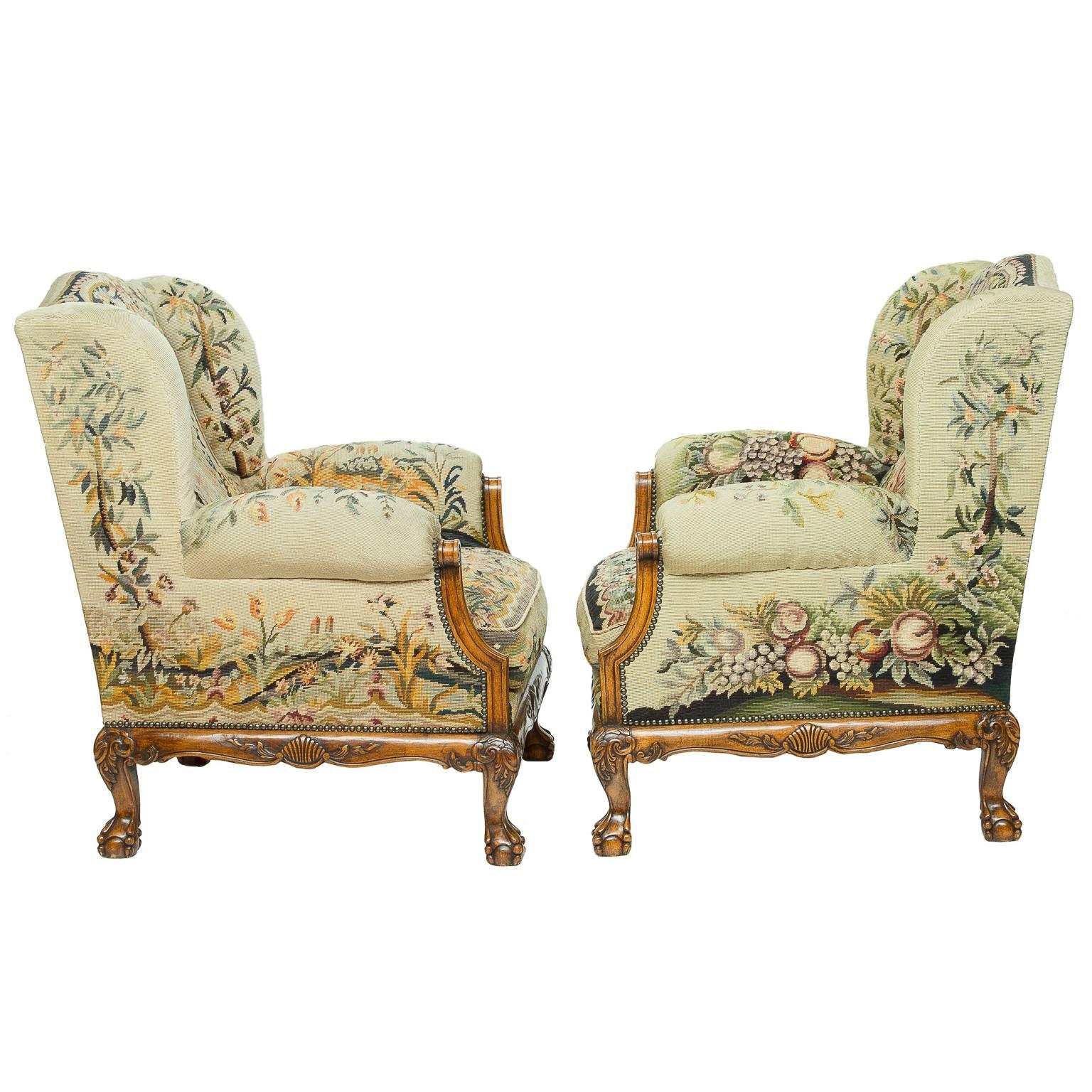 English Pair of Tapestry Wingback Club Chairs