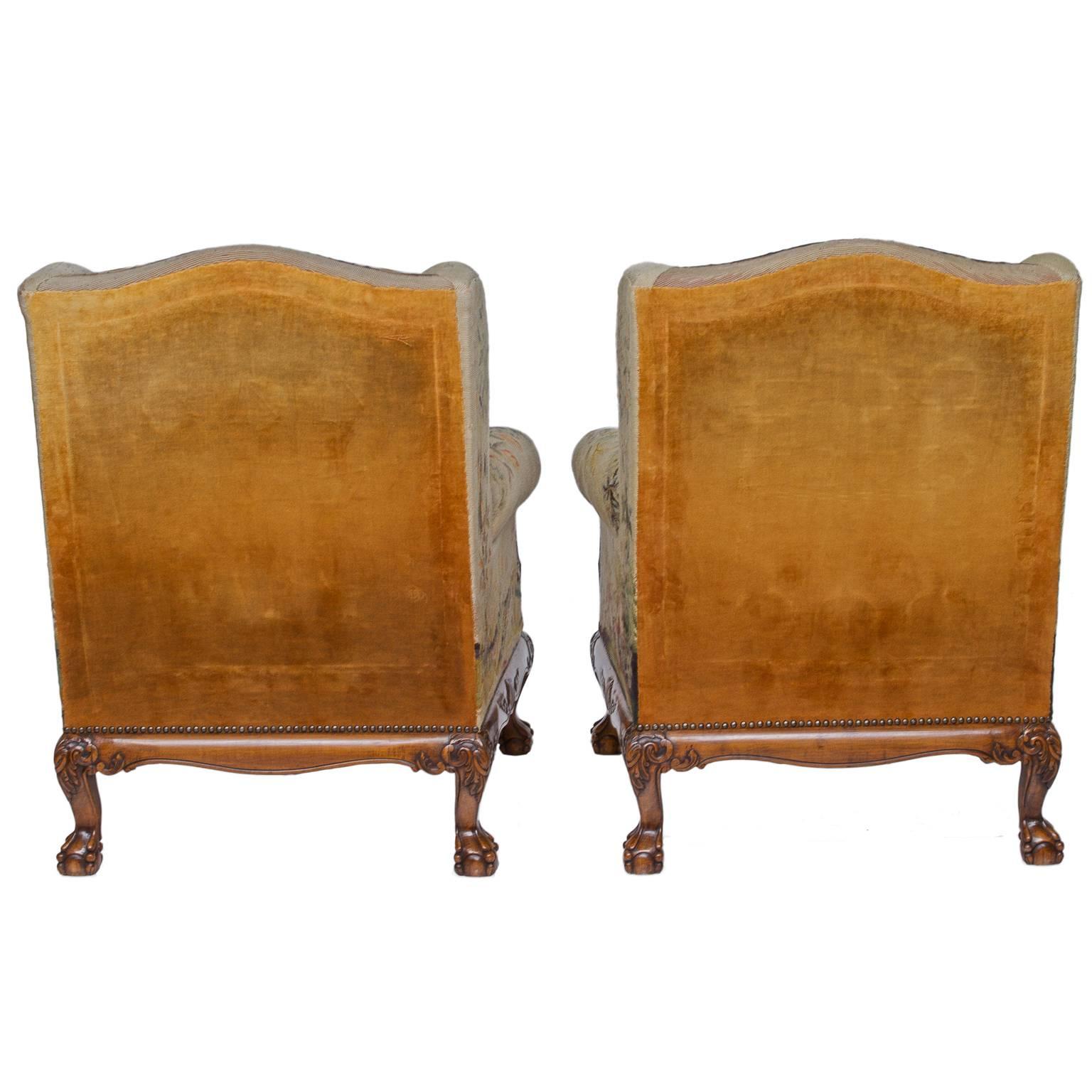 Hand-Woven Pair of Tapestry Wingback Club Chairs