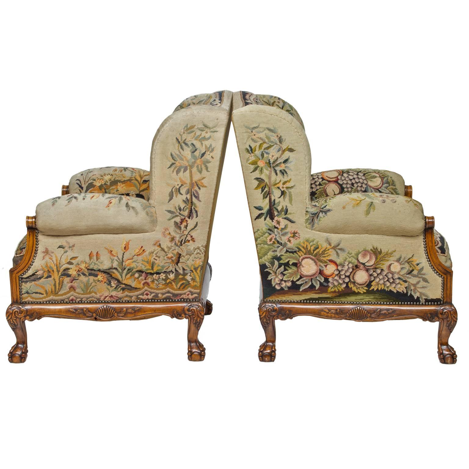 Pair of Tapestry Wingback Club Chairs In Excellent Condition In Hixson, TN