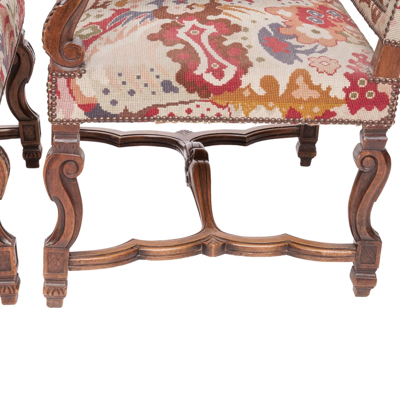 Tapestry 19th Century Louis XIV Style Walnut Armchairs