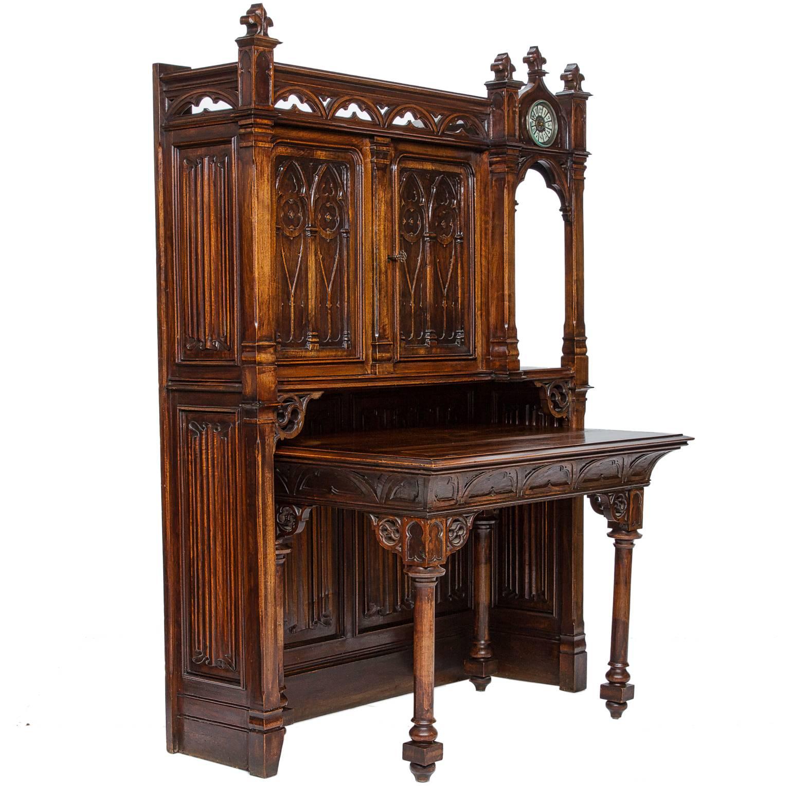 19th Century Gothic Hymnal Cabinet and Table with Clock In Excellent Condition In Hixson, TN