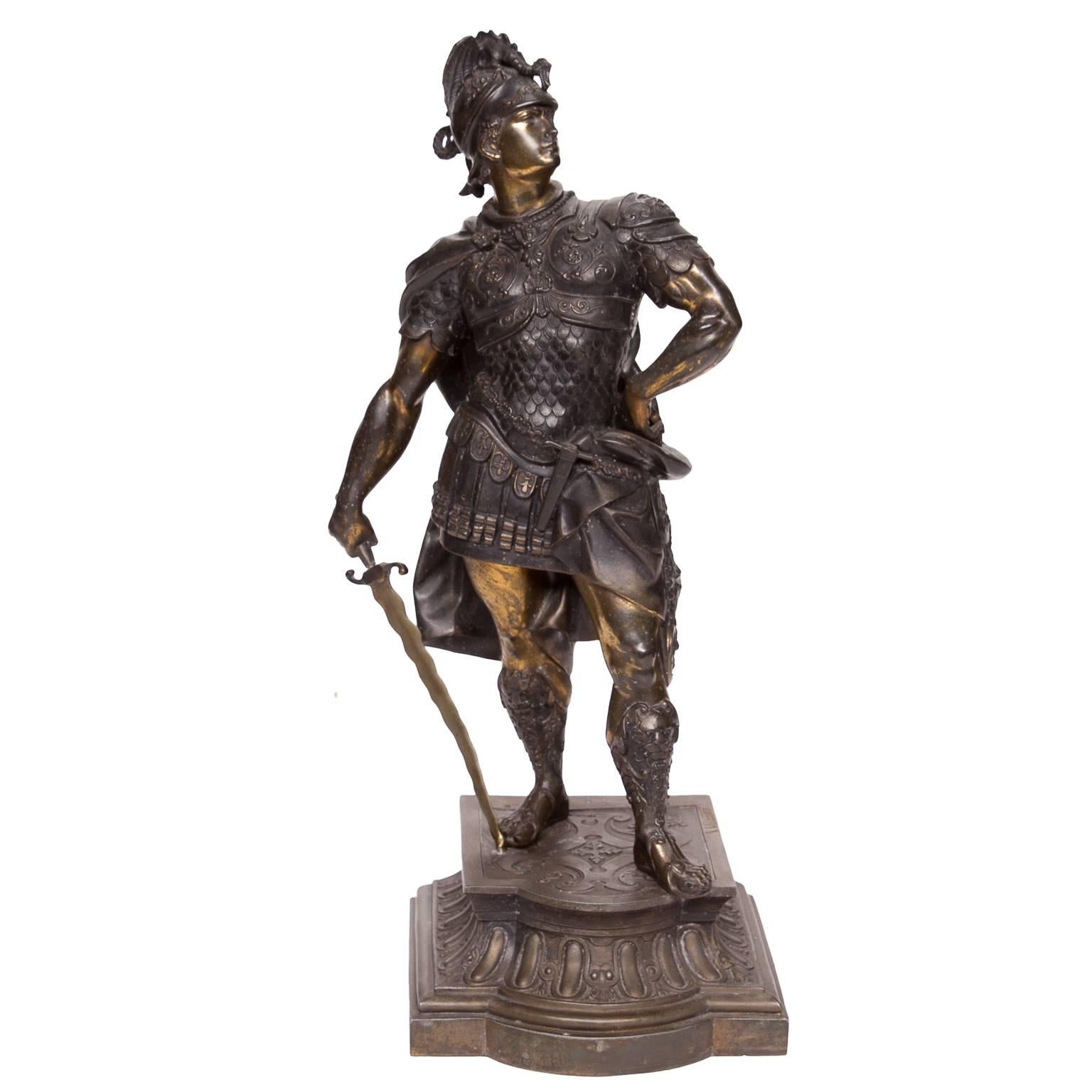 Cast Pair of 19th Century Signed Warrior Figures in Spelter Metal