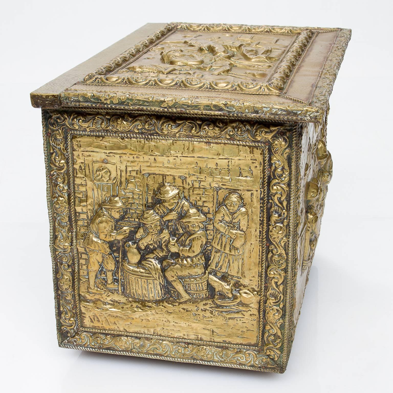 Embossed 19th Century English Brass Fireside Box