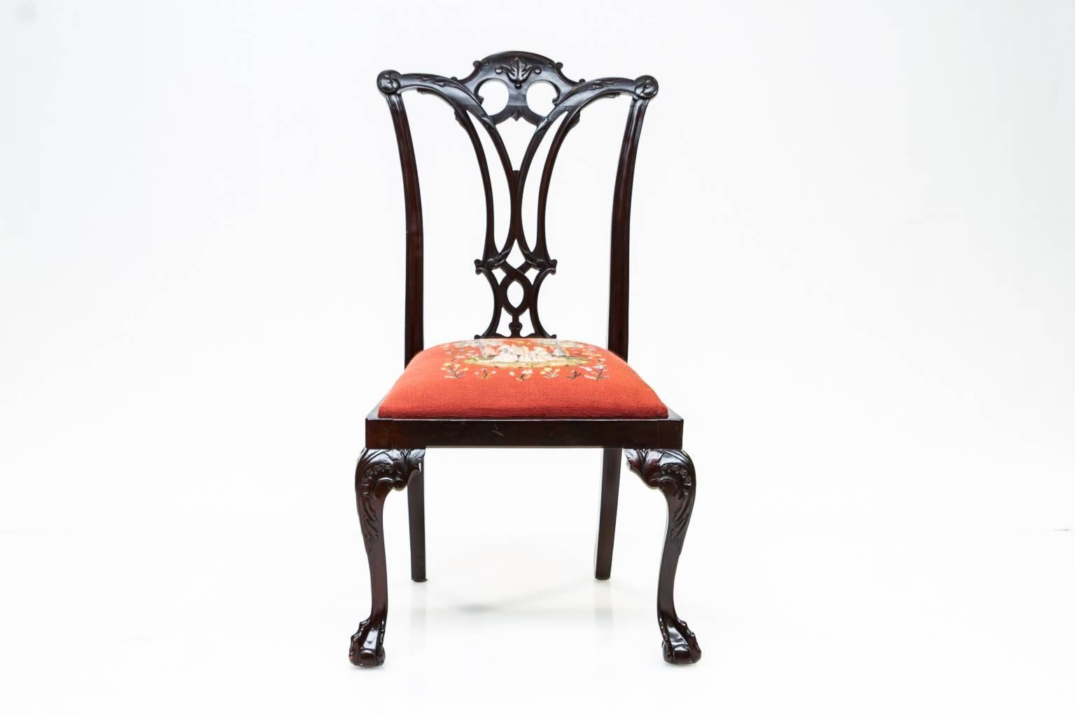 19th century set of six Chippendale style mahogany side chairs. Each chair has been waxed and checked for stability. These are ready to use. Beautiful rich dark mahogany color almost a black. Back are pierced and splat is sturdy. Front legs are