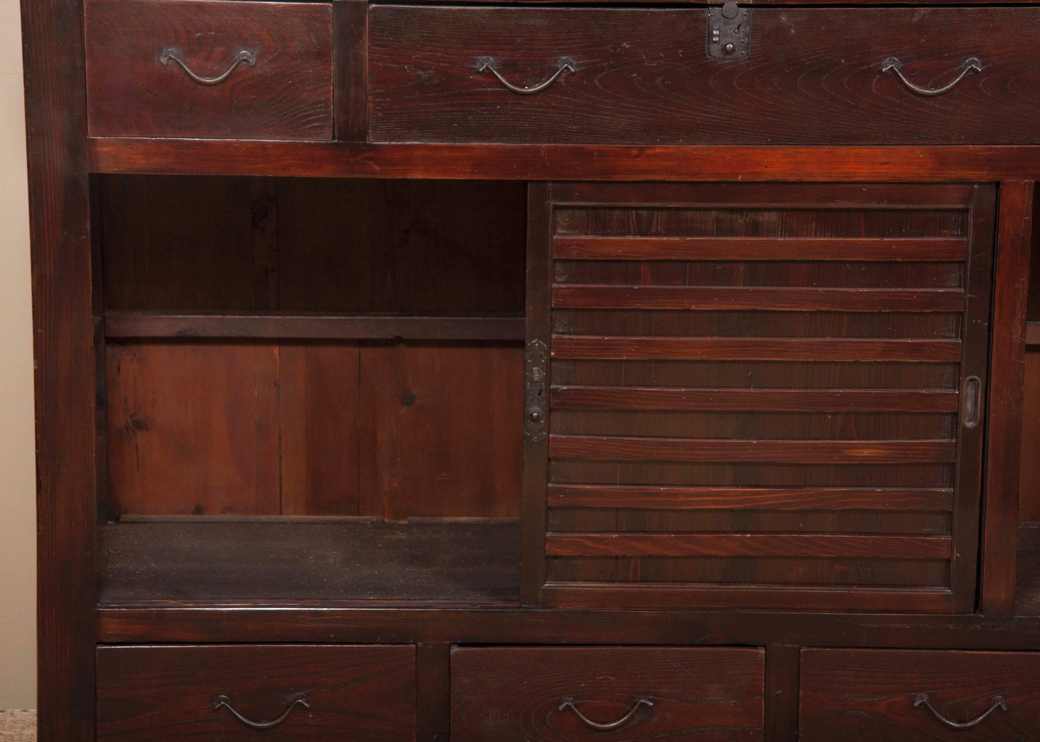 Large Japanese Tansu Cabinet of Lacquered Wood and Waxed Steel 2