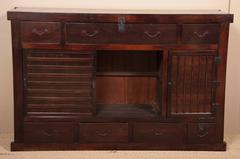 Large Japanese Tansu Cabinet of Lacquered Wood and Waxed Steel