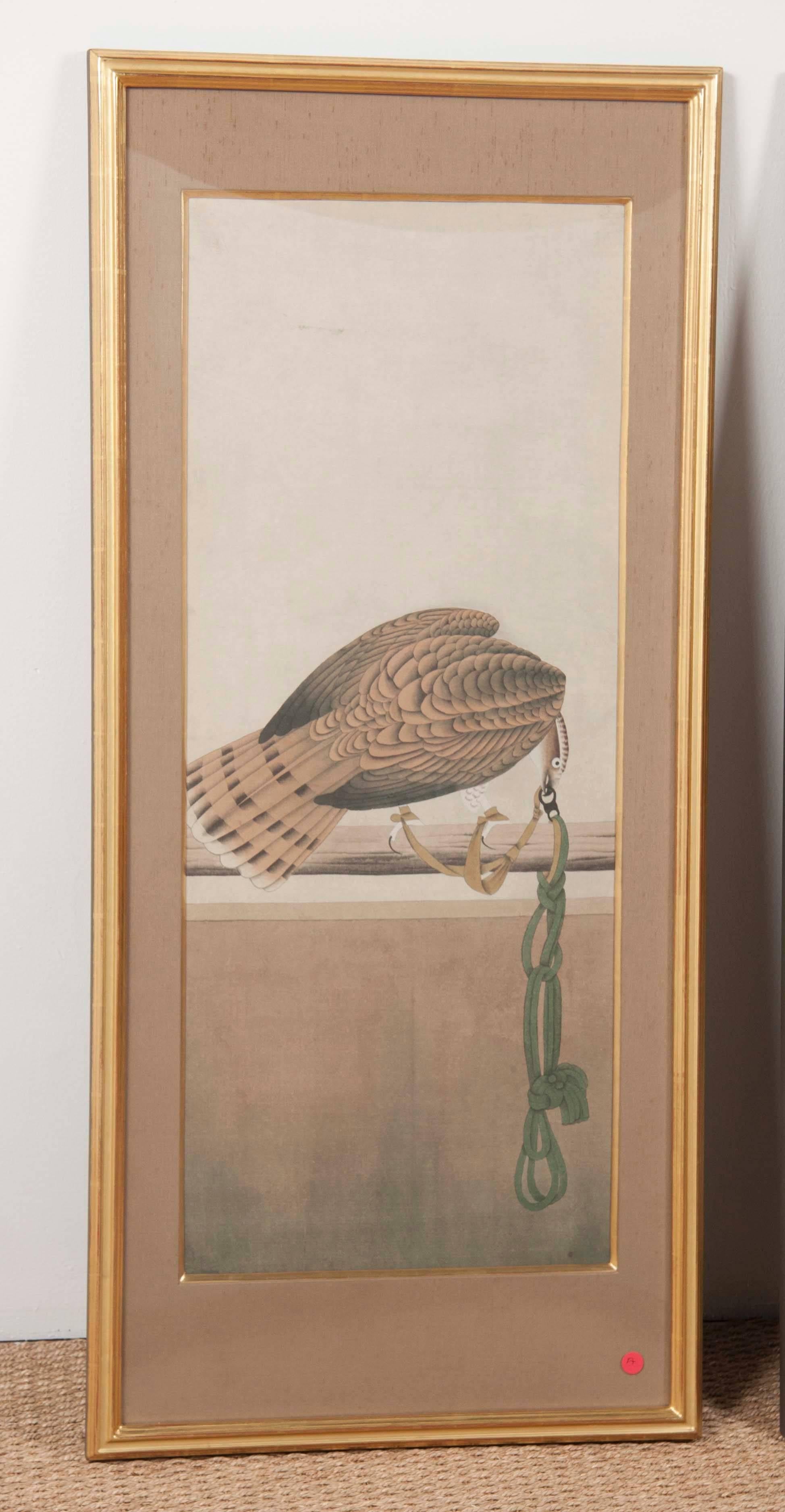 A set of six Japanese watercolors depicting various stages of Falconry. Formerly a screen, newly separated and framed.
May be sold in predetermined pairs at $ 8,000/pair.