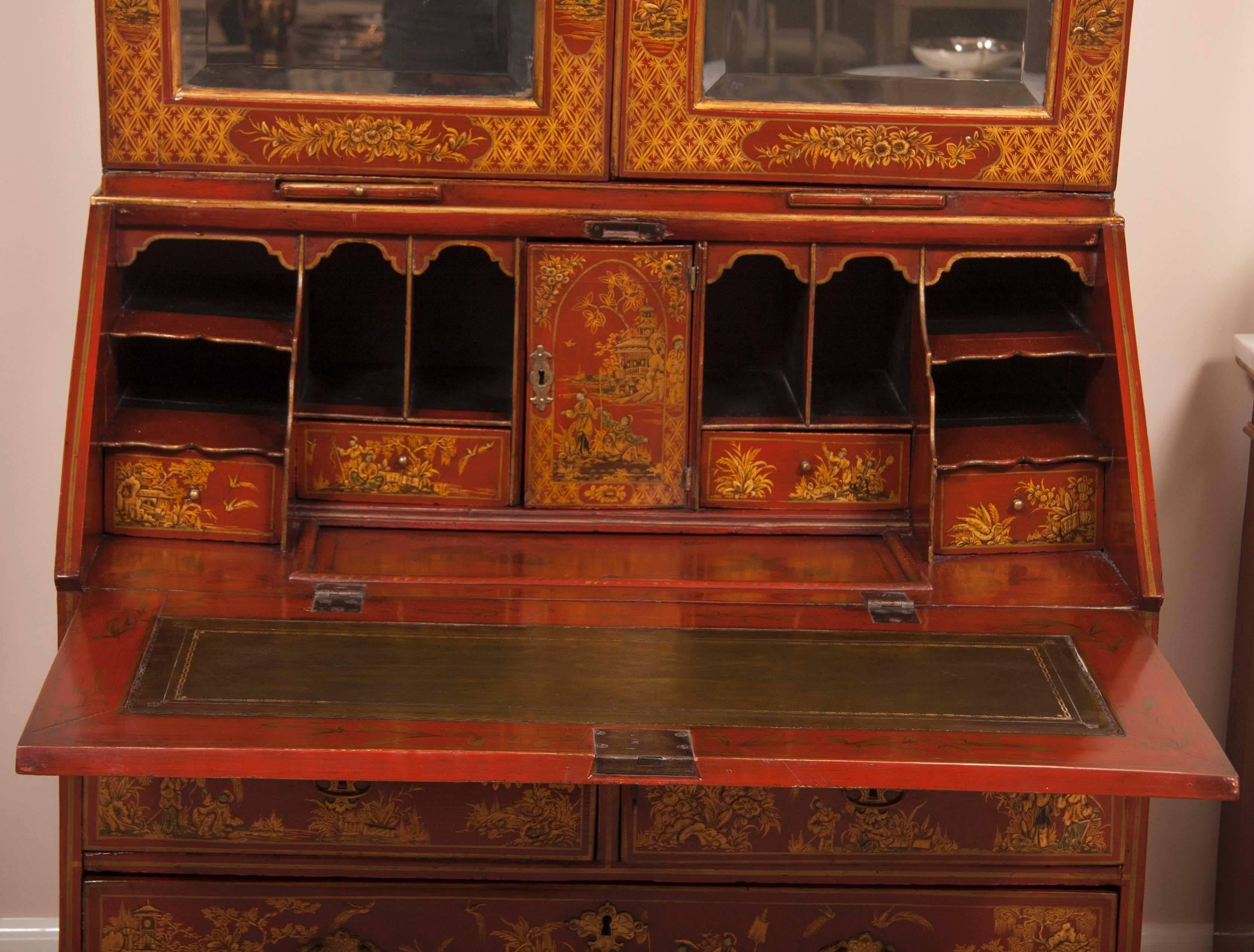 English Scarlet Gilt and Polychrome Japanned Secretary For Sale 2