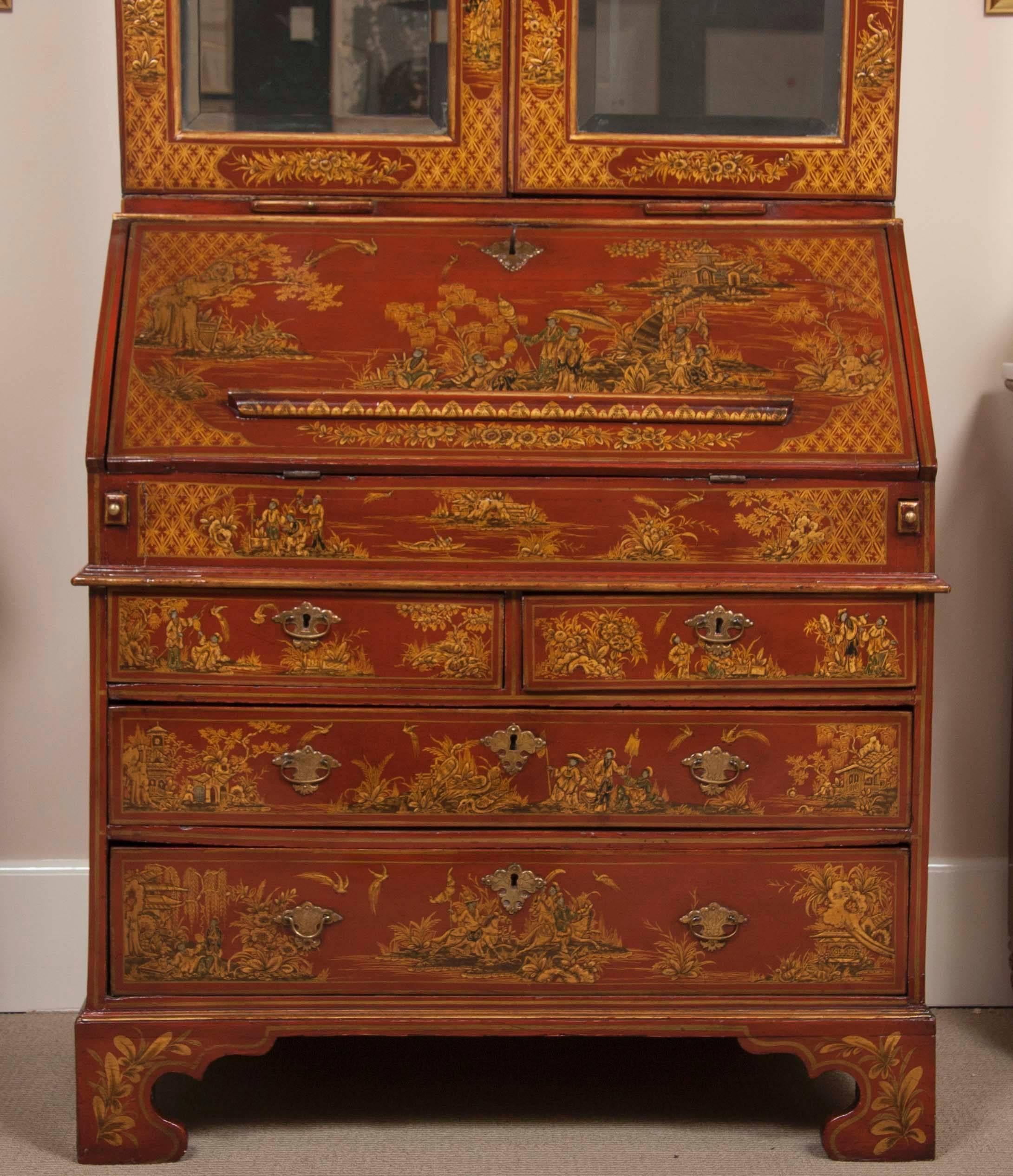 English Scarlet Gilt and Polychrome Japanned Secretary For Sale 1