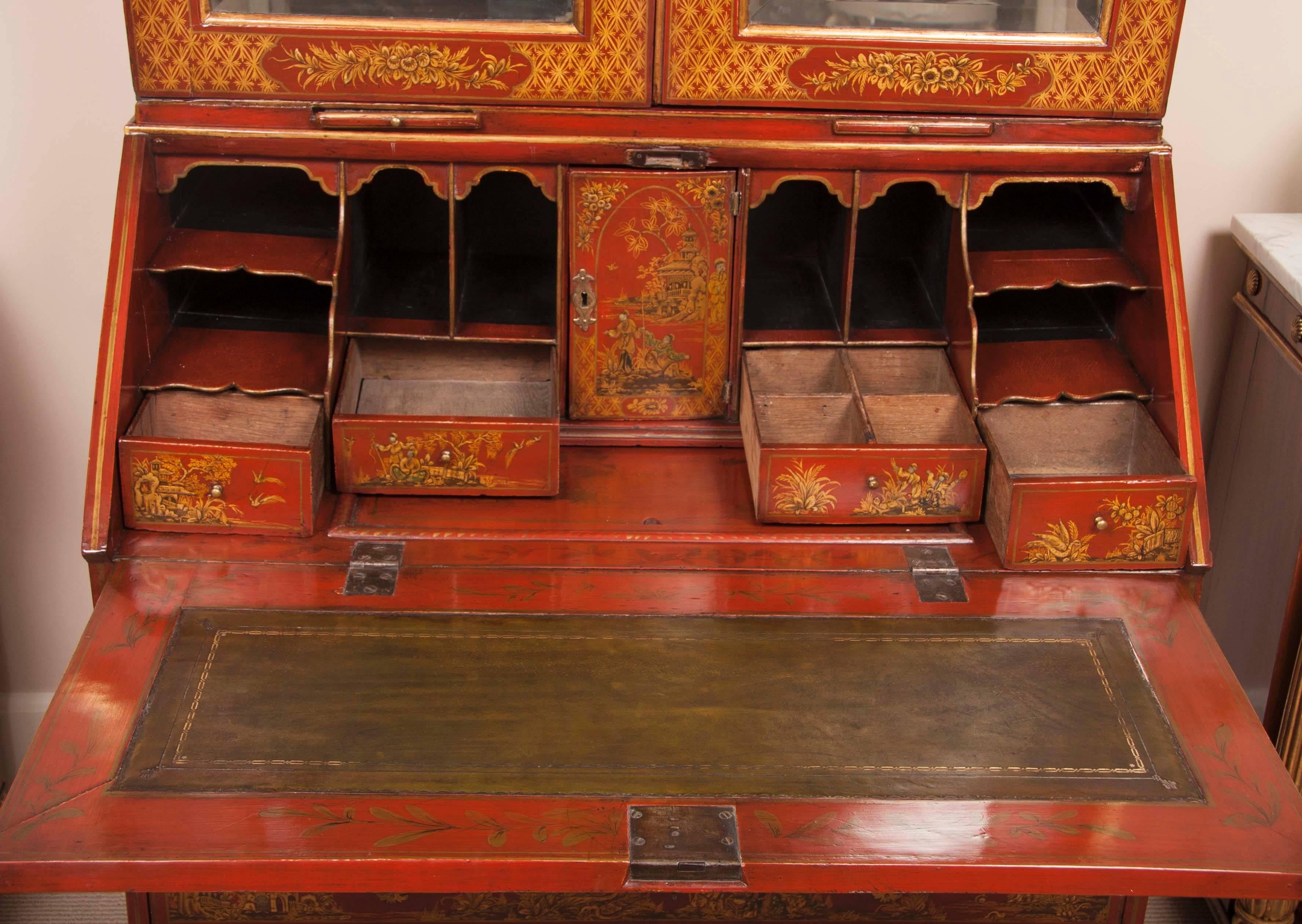 English Scarlet Gilt and Polychrome Japanned Secretary For Sale 3