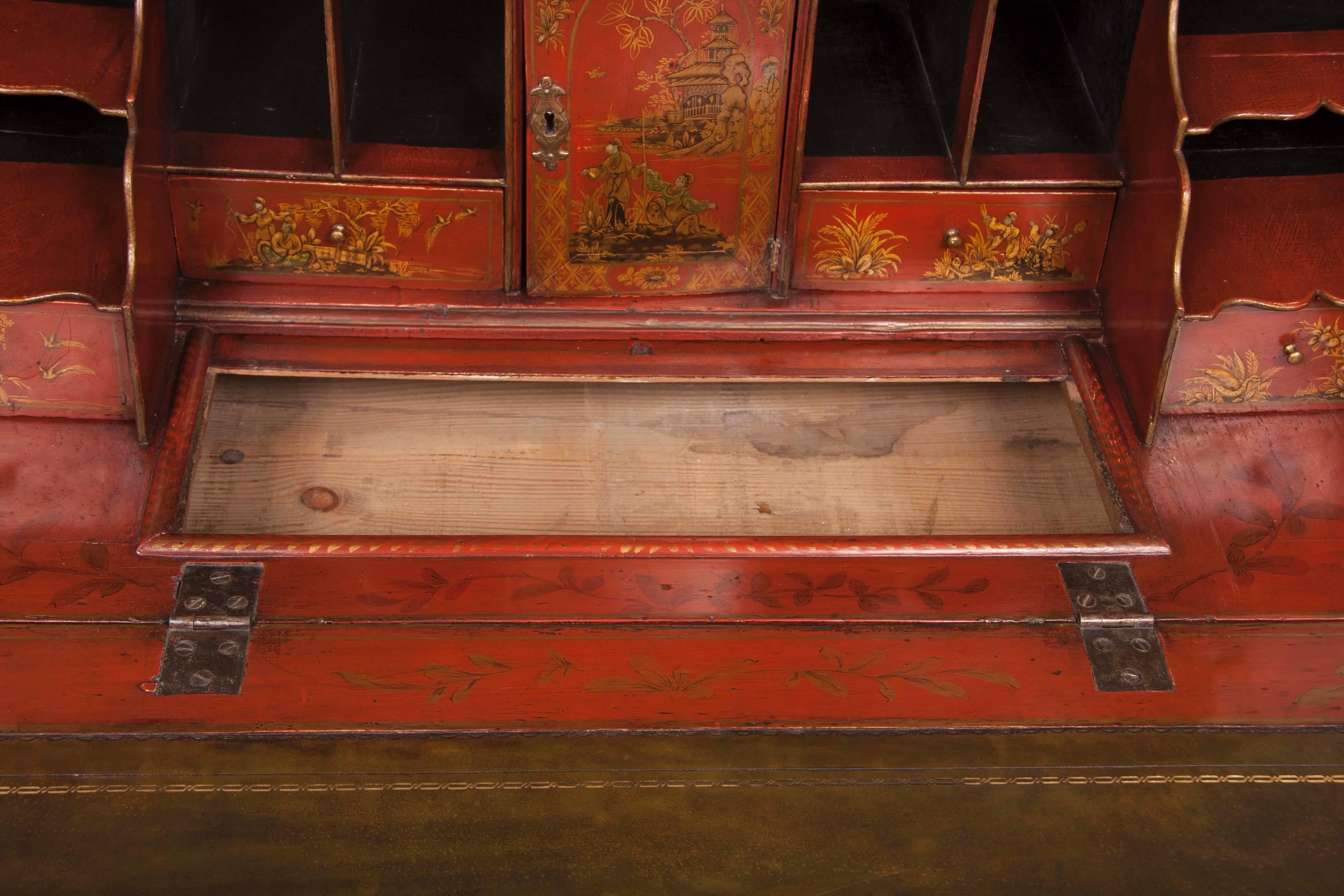 English Scarlet Gilt and Polychrome Japanned Secretary For Sale 4