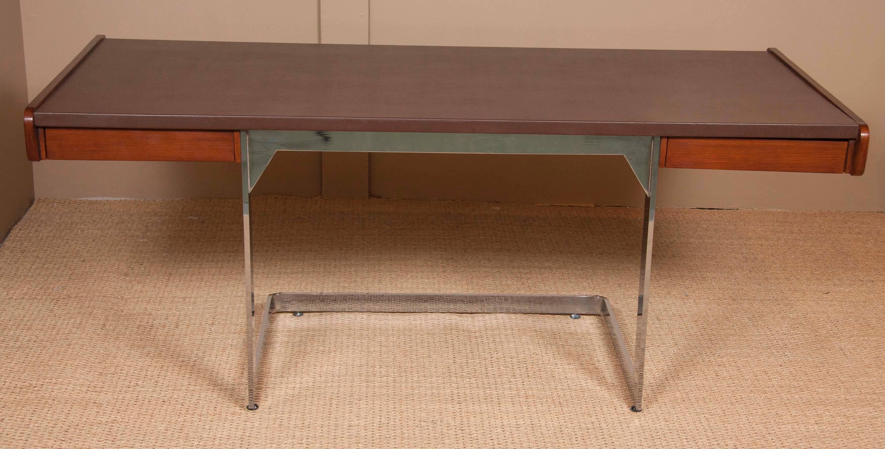 Midcentury oak and chrome leather top desk by Andre Laurent of Ste. Marie & Laurent, Inc., Canada.