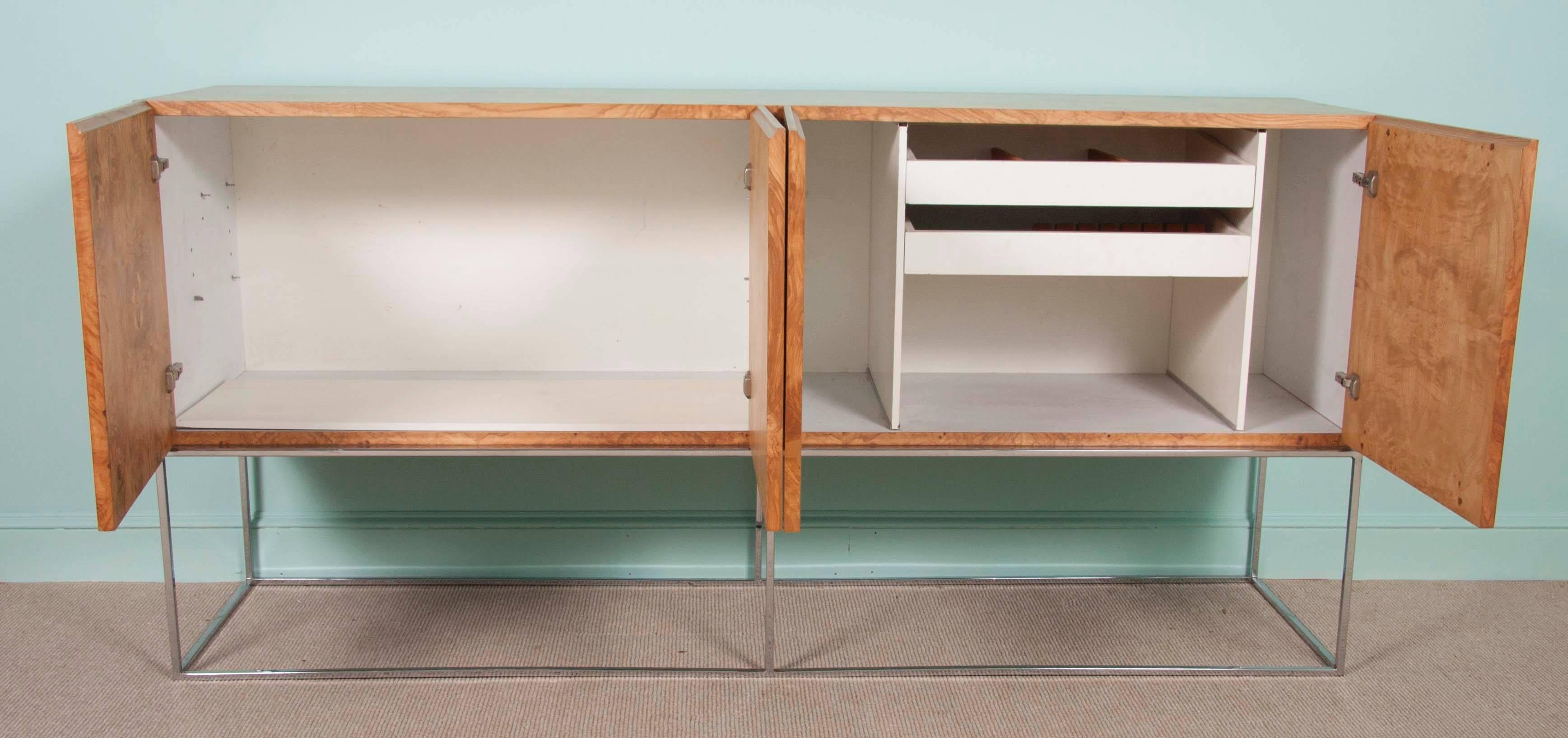 Mid-Century Modern Milo Baughman for Thayer Coggin Credenza of Burl Olivewood Veneer and Chrome