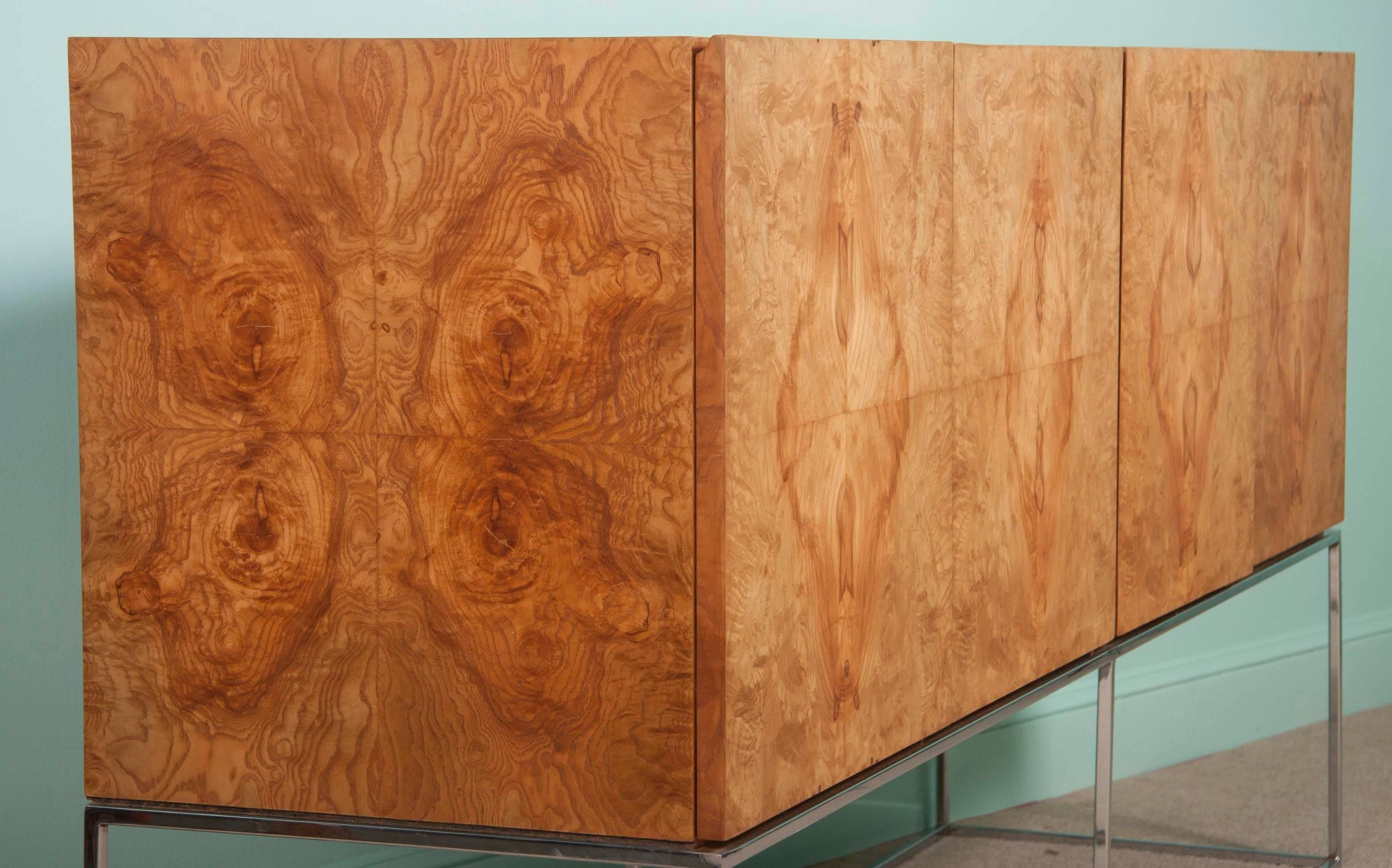 Milo Baughman for Thayer Coggin Credenza of Burl Olivewood Veneer and Chrome 1