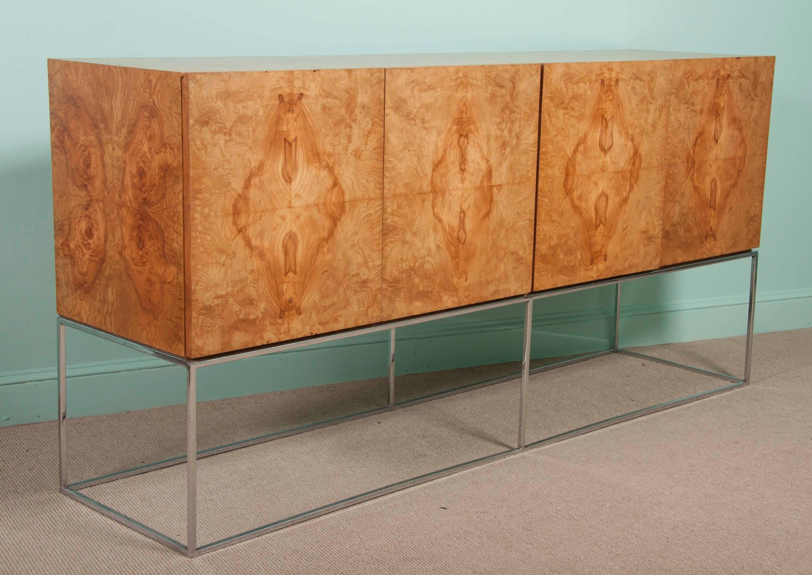 20th Century Milo Baughman for Thayer Coggin Credenza of Burl Olivewood Veneer and Chrome