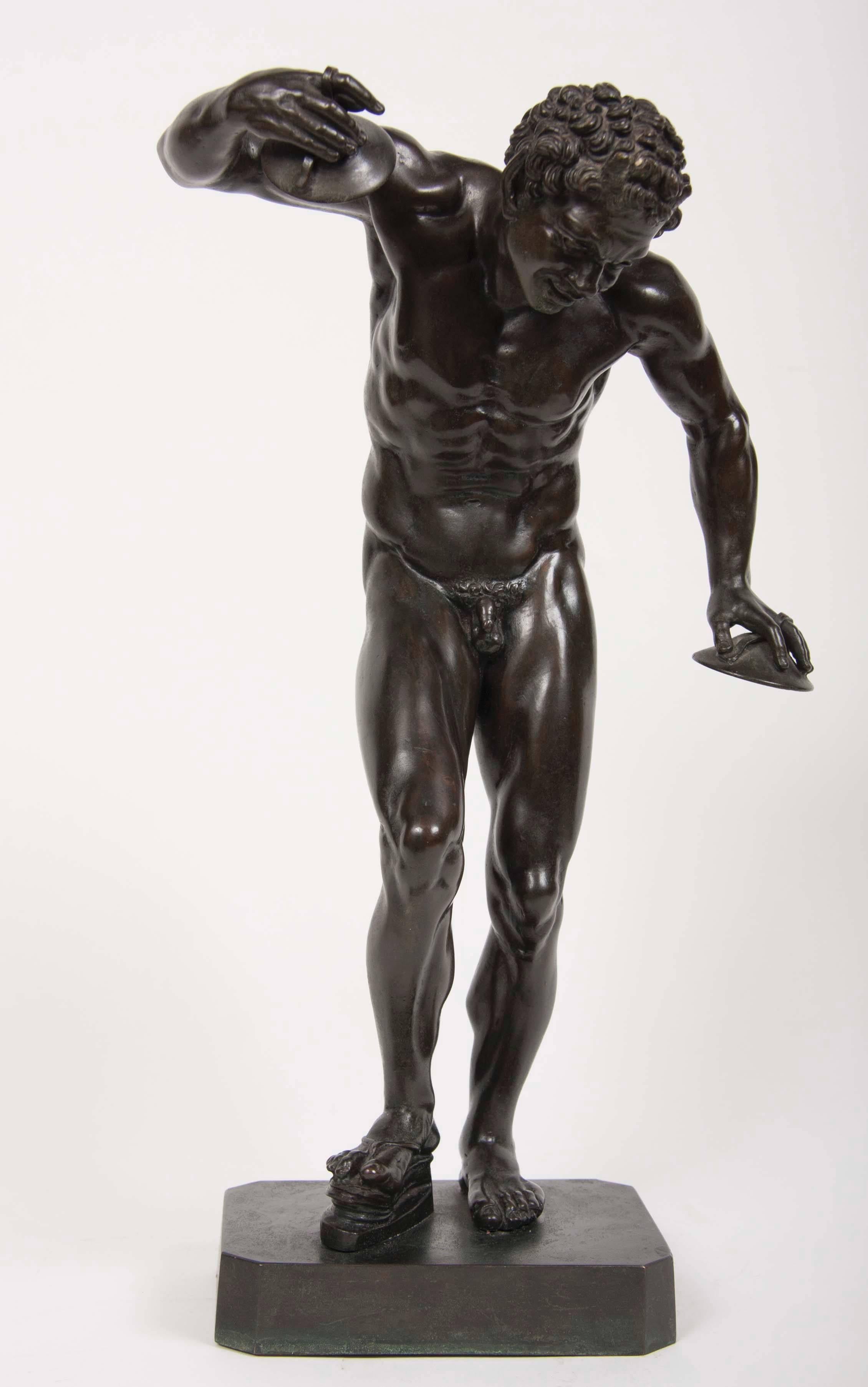 A Grand Tour patinated bronze figure of a dancing faun by Massimiliano Soldani Benzi.